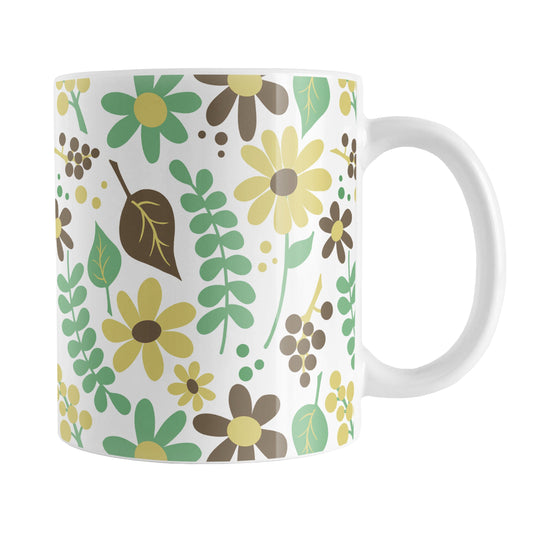Yellow Green Brown Floral Pattern Mug (11oz) at Amy's Coffee Mugs. A ceramic coffee mug designed with a pretty floral pattern in yellow, green, and brown flowers and leaves that wraps around the mug up to the handle.
