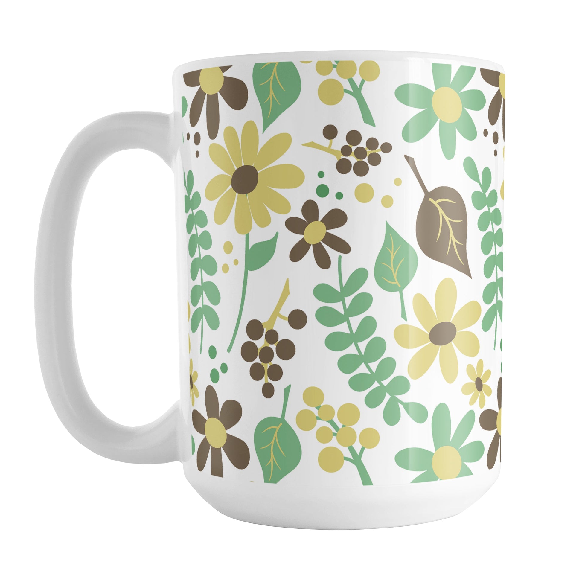 Yellow Green Brown Floral Pattern Mug (15oz) at Amy's Coffee Mugs. A ceramic coffee mug designed with a pretty floral pattern in yellow, green, and brown flowers and leaves that wraps around the mug up to the handle.