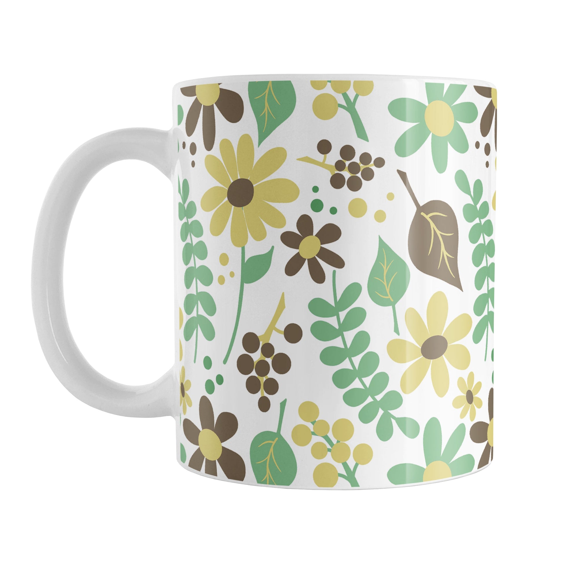 Yellow Green Brown Floral Pattern Mug (11oz) at Amy's Coffee Mugs. A ceramic coffee mug designed with a pretty floral pattern in yellow, green, and brown flowers and leaves that wraps around the mug up to the handle.