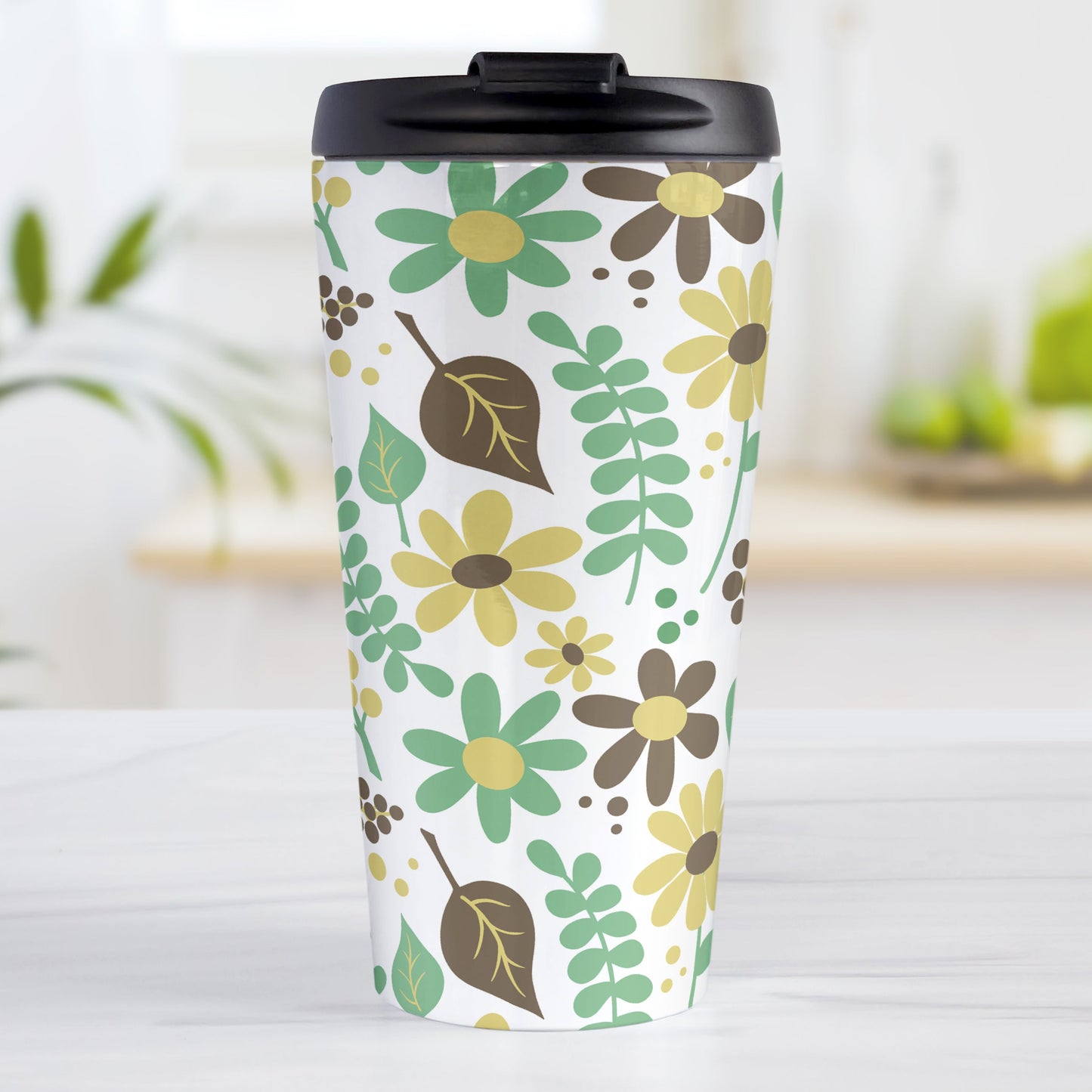 Yellow Green Brown Floral Pattern Travel Mug (15oz, stainless steel insulated) at Amy's Coffee Mugs. A travel mug designed with a pretty floral pattern in yellow, green, and brown flowers and leaves that wraps around the travel mug.