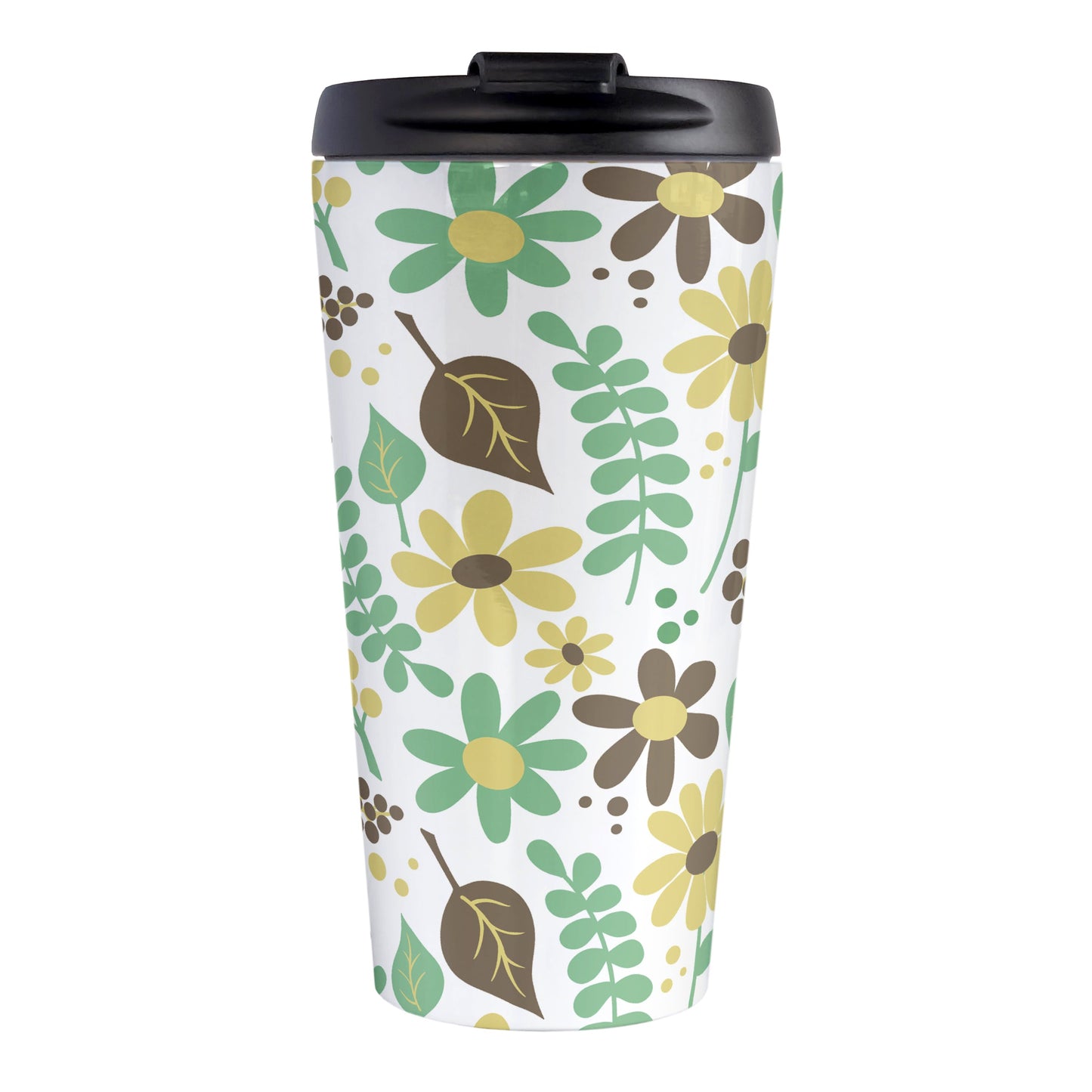 Yellow Green Brown Floral Pattern Travel Mug (15oz, stainless steel insulated) at Amy's Coffee Mugs. A travel mug designed with a pretty floral pattern in yellow, green, and brown flowers and leaves that wraps around the travel mug.