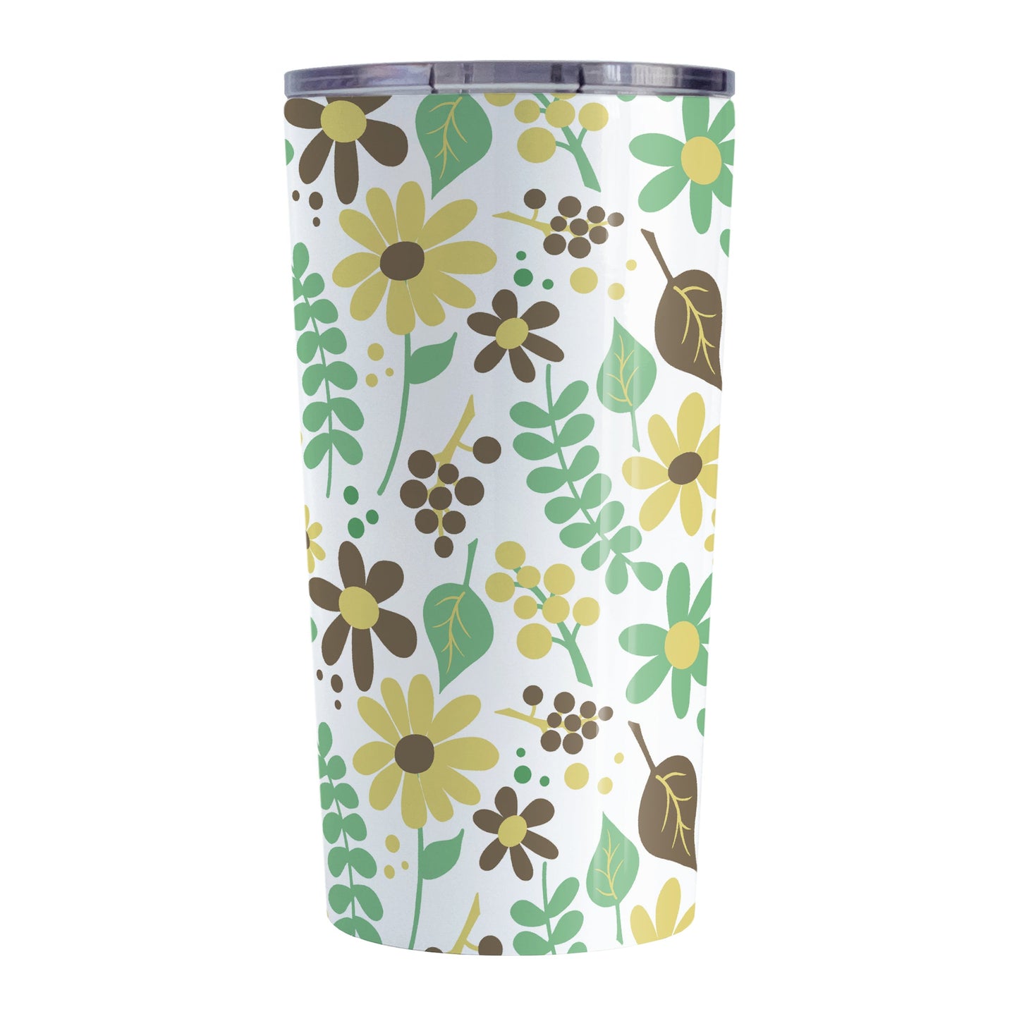 Yellow Green Brown Floral Pattern Tumbler Cup (20oz, stainless steel insulated) at Amy's Coffee Mugs. A tumbler cup designed with a pretty floral pattern in yellow, green, and brown flowers and leaves that wraps around the cup.