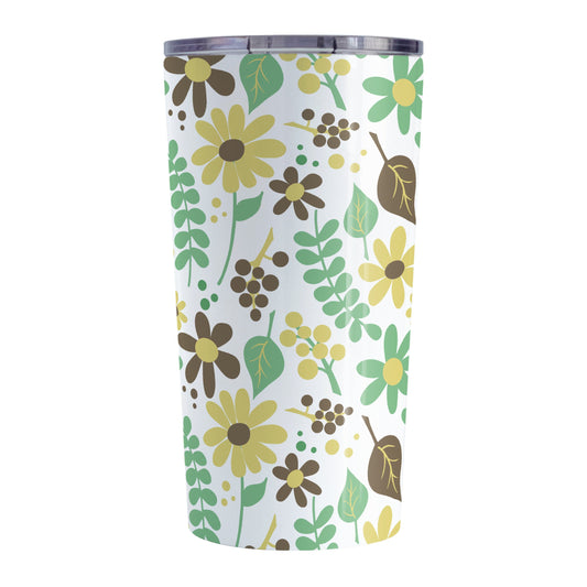 Yellow Green Brown Floral Pattern Tumbler Cup (20oz, stainless steel insulated) at Amy's Coffee Mugs. A tumbler cup designed with a pretty floral pattern in yellow, green, and brown flowers and leaves that wraps around the cup.