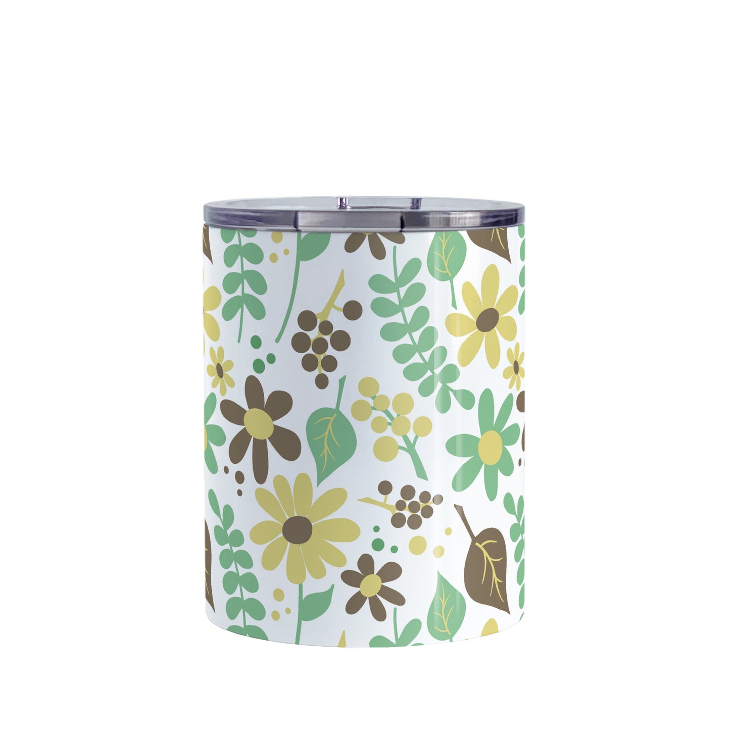 Yellow Green Brown Floral Pattern Tumbler Cup (10oz, stainless steel insulated) at Amy's Coffee Mugs. A tumbler cup designed with a pretty floral pattern in yellow, green, and brown flowers and leaves that wraps around the cup.