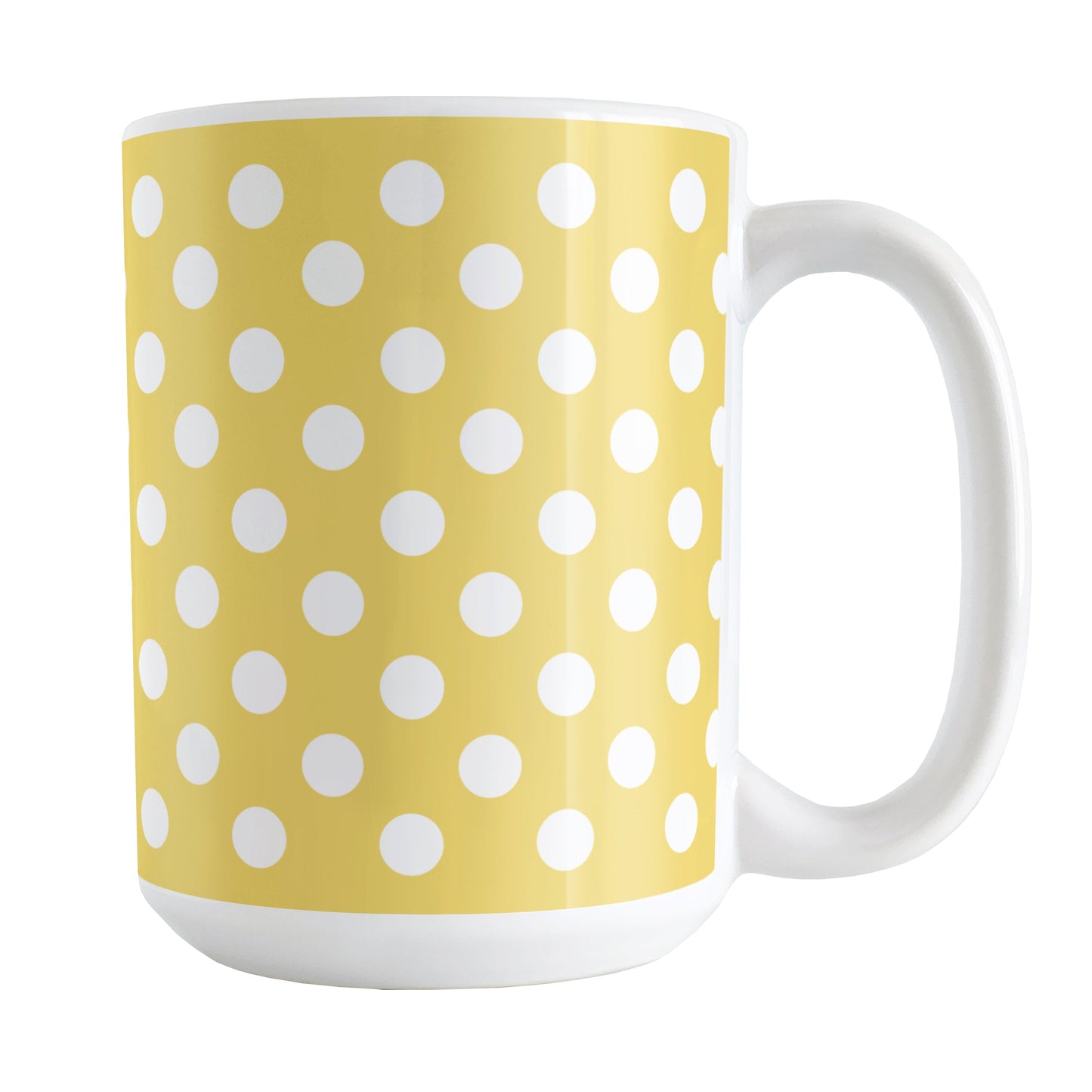 Yellow Polka Dot Mug (15oz) at Amy's Coffee Mugs. A ceramic coffee mug designed with a pattern of white polka dots over a yellow background color that wraps around the mug up to the handle.