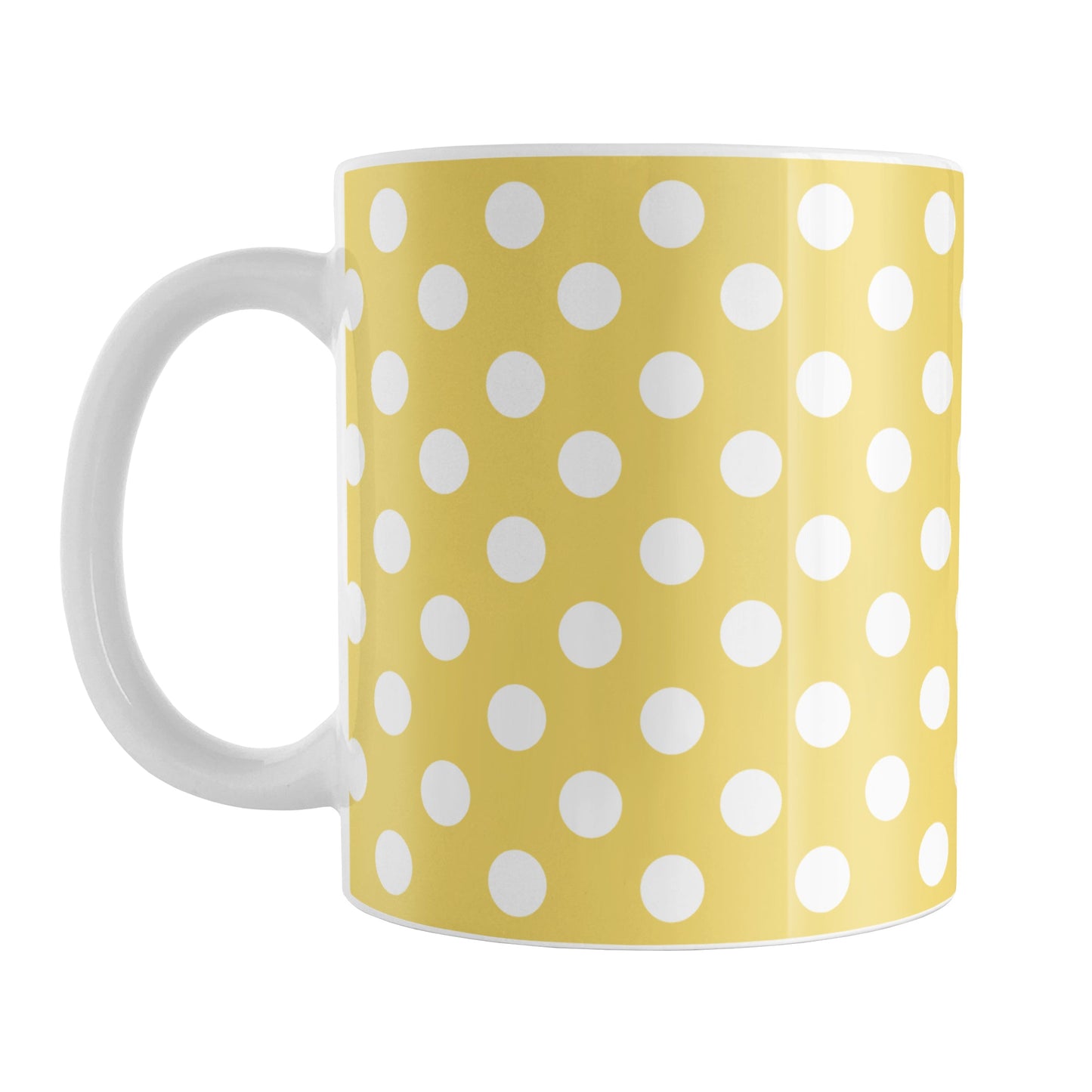 Yellow Polka Dot Mug (11oz) at Amy's Coffee Mugs. A ceramic coffee mug designed with a pattern of white polka dots over a yellow background color that wraps around the mug up to the handle.