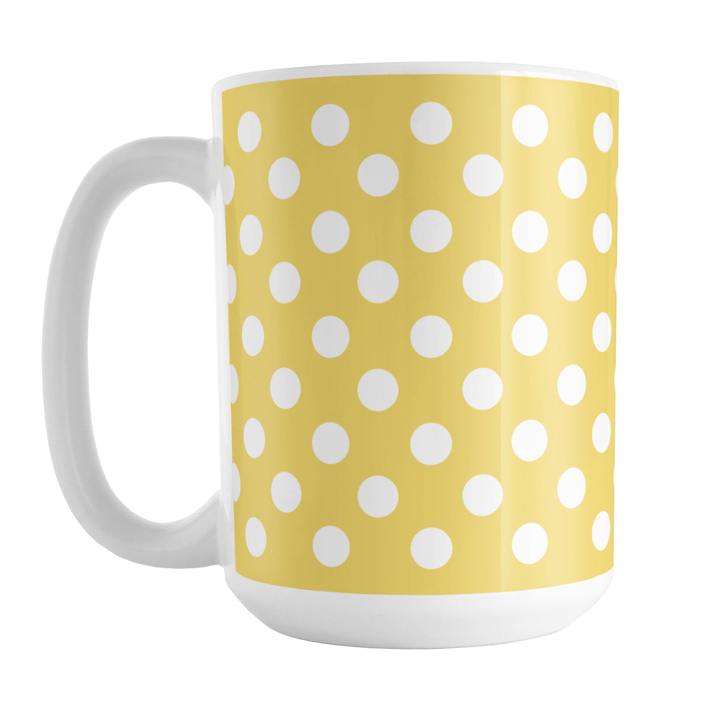 Yellow Polka Dot Mug (15oz) at Amy's Coffee Mugs. A ceramic coffee mug designed with a pattern of white polka dots over a yellow background color that wraps around the mug up to the handle.