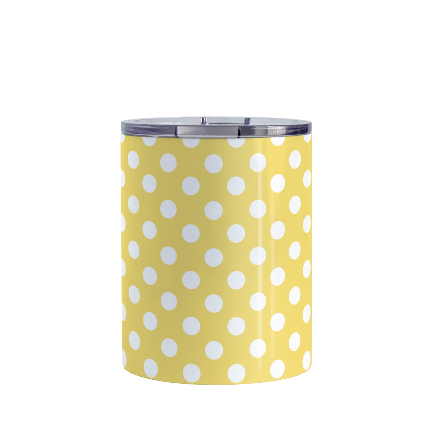 Yellow Polka Dot Tumbler Cup (10oz, stainless steel insulated) at Amy's Coffee Mugs. A tumbler cup designed with a pattern of white polka dots over a yellow background color that wraps around the cup.