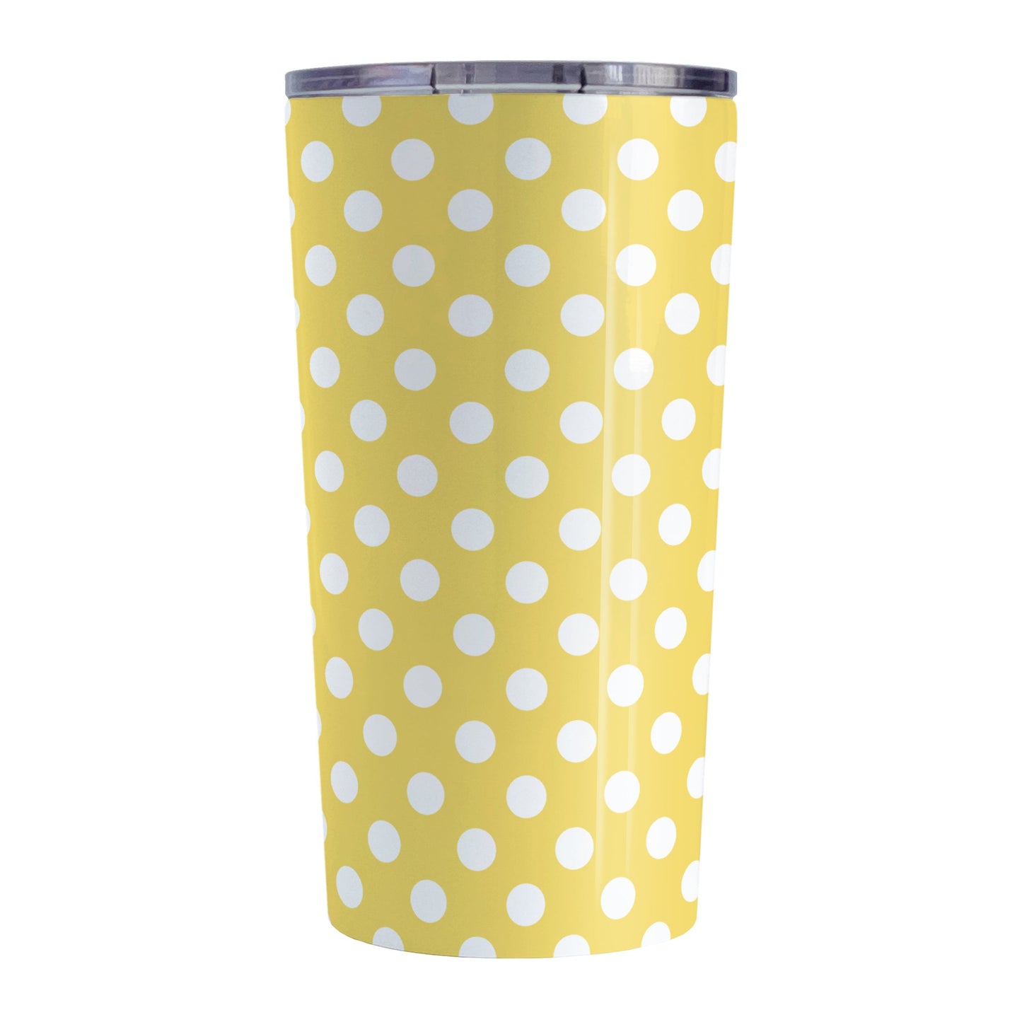 Yellow Polka Dot Tumbler Cup (20oz, stainless steel insulated) at Amy's Coffee Mugs. A tumbler cup designed with a pattern of white polka dots over a yellow background color that wraps around the cup.