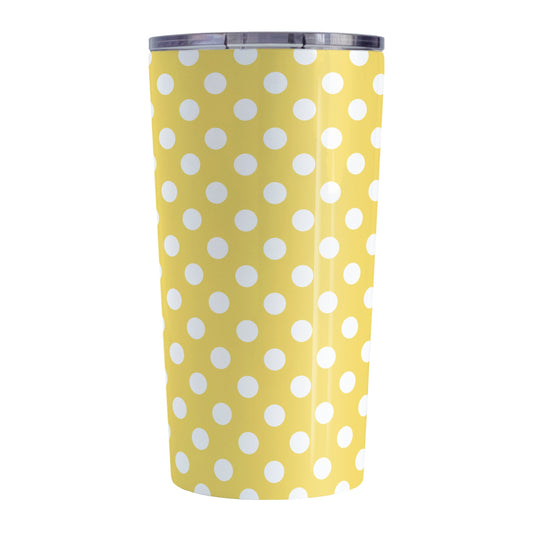 Yellow Polka Dot Tumbler Cup (20oz, stainless steel insulated) at Amy's Coffee Mugs. A tumbler cup designed with a pattern of white polka dots over a yellow background color that wraps around the cup.