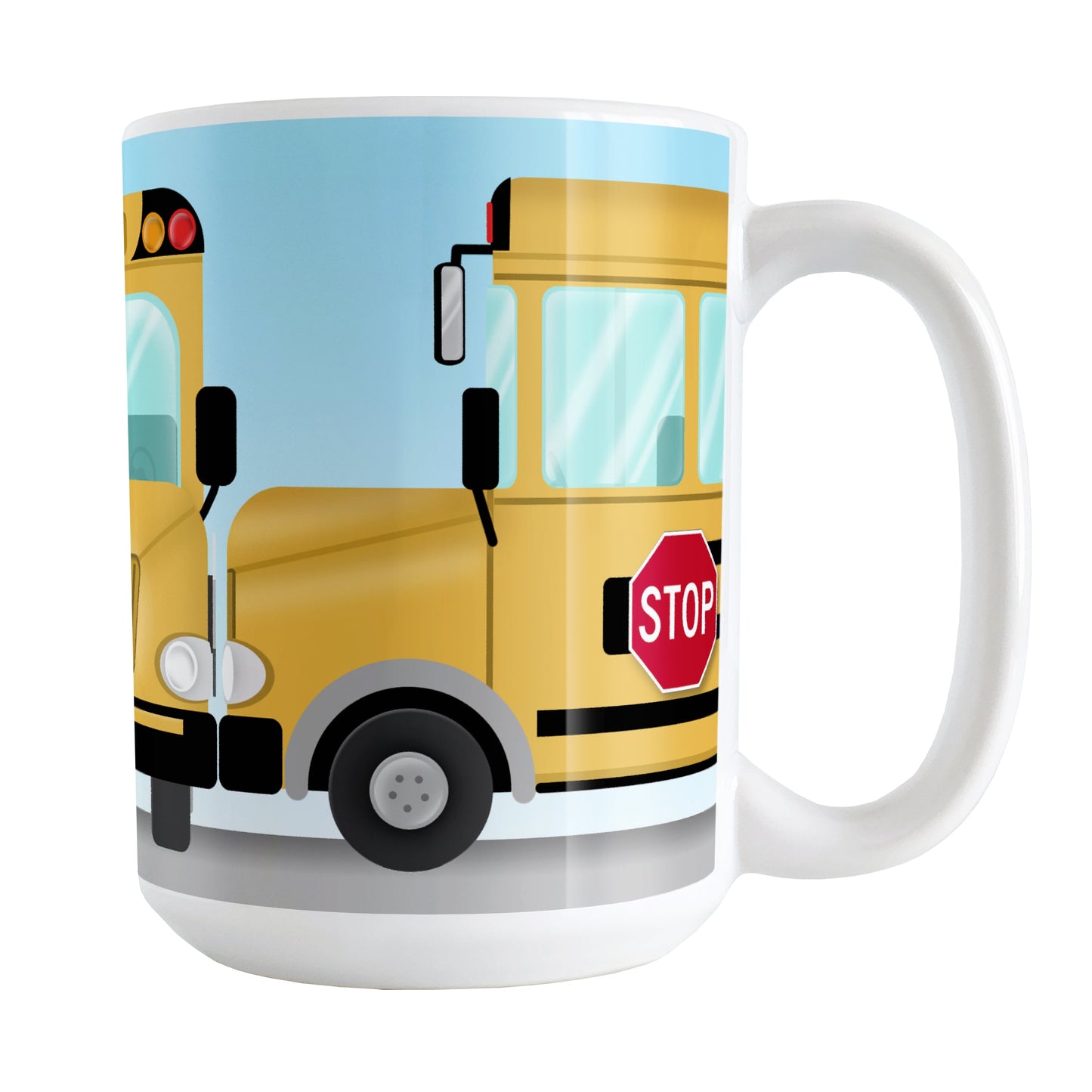 Yellow School Bus Mug (15oz) at Amy's Coffee Mugs. A ceramic coffee mug designed with three views of a yellow school bus around the mug to the handle. Perfect for school bus drivers and other school professionals.