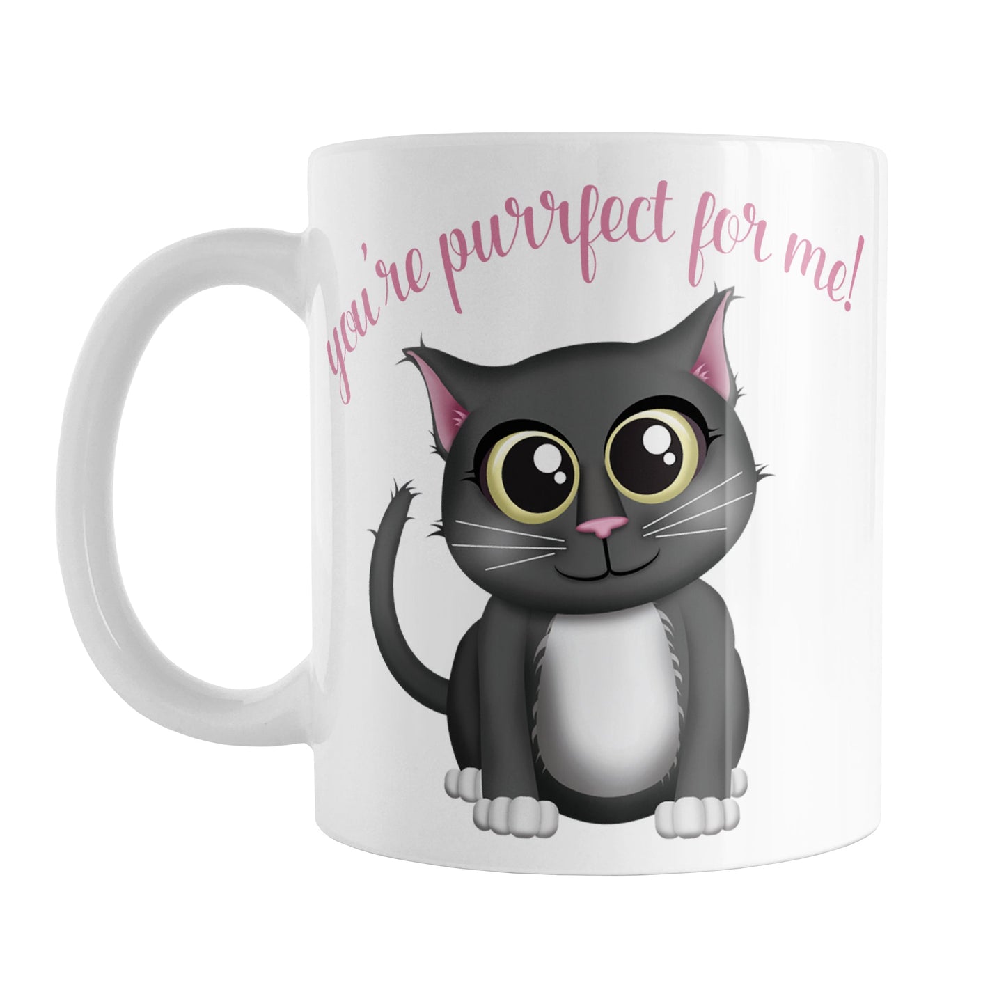 You're Purrfect for Me - Cute Gray Cat Mug (11oz) at Amy's Coffee Mugs. A ceramic coffee mug designed with an adorable gray cat illustration on both sides of the mug with the words "you're purrfect for me" in pretty pink lettering curved above the cat.