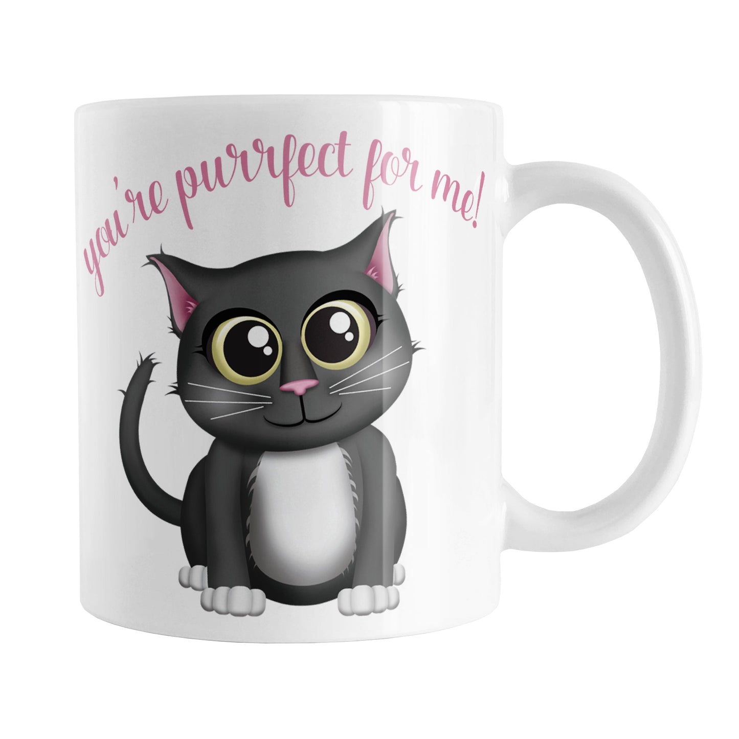 You're Purrfect for Me - Cute Gray Cat Mug (11oz) at Amy's Coffee Mugs. A ceramic coffee mug designed with an adorable gray cat illustration on both sides of the mug with the words "you're purrfect for me" in pretty pink lettering curved above the cat.