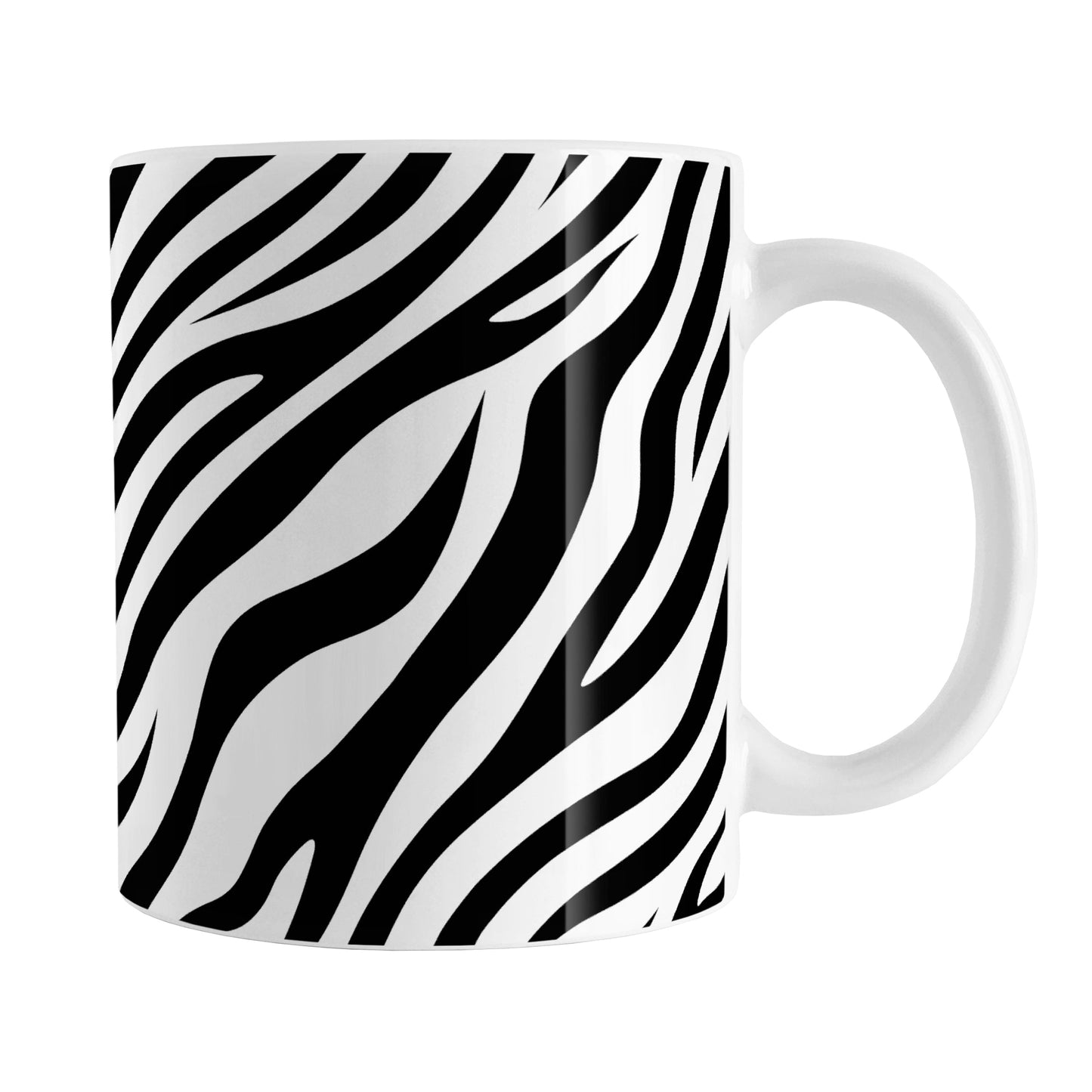 Zebra Print Pattern Mug (11oz) at Amy's Coffee Mugs. A ceramic coffee mug designed with an animal print pattern of black and white zebra stripes that wraps around the mug up to the handle.