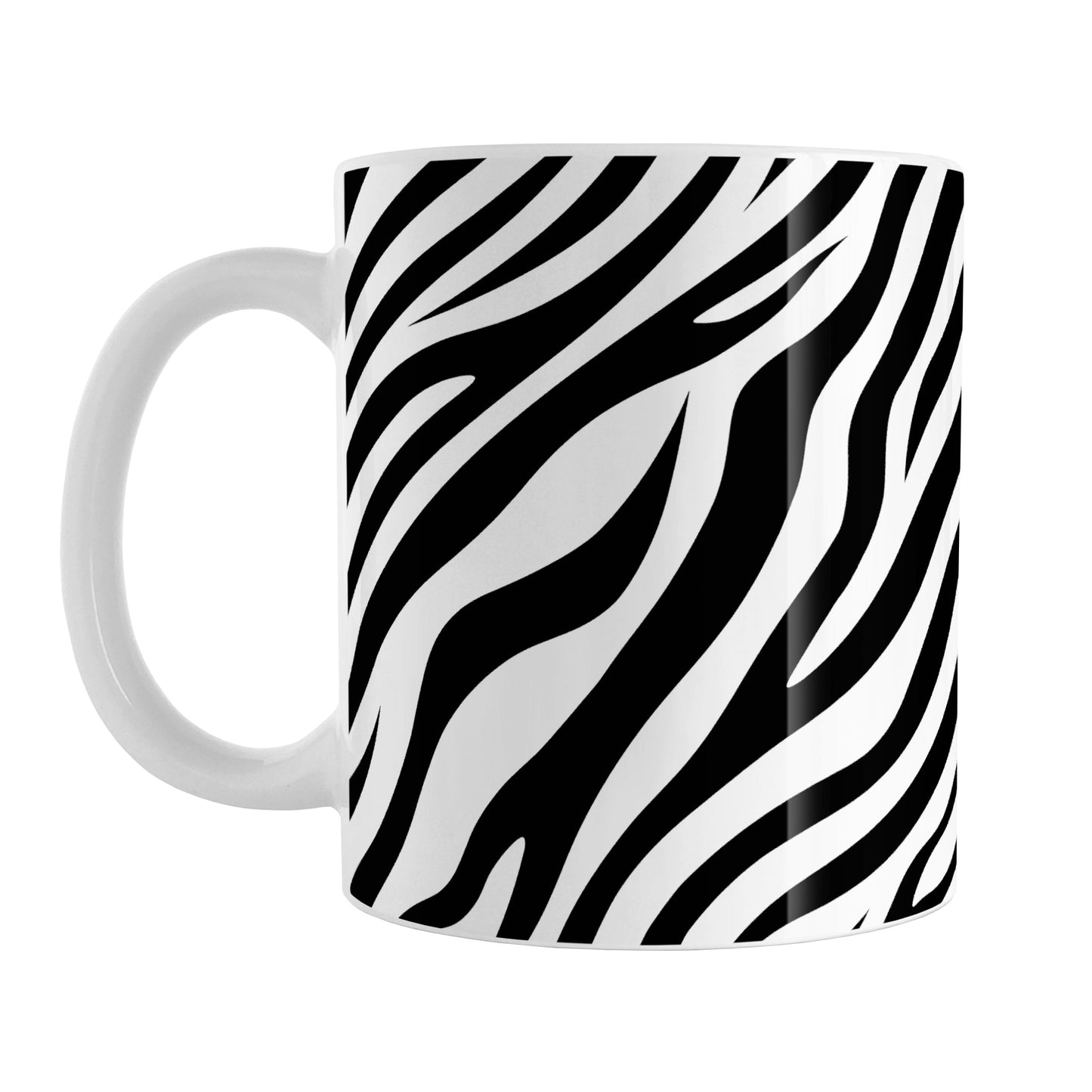 Zebra Print Pattern Mug (11oz) at Amy's Coffee Mugs. A ceramic coffee mug designed with an animal print pattern of black and white zebra stripes that wraps around the mug up to the handle.