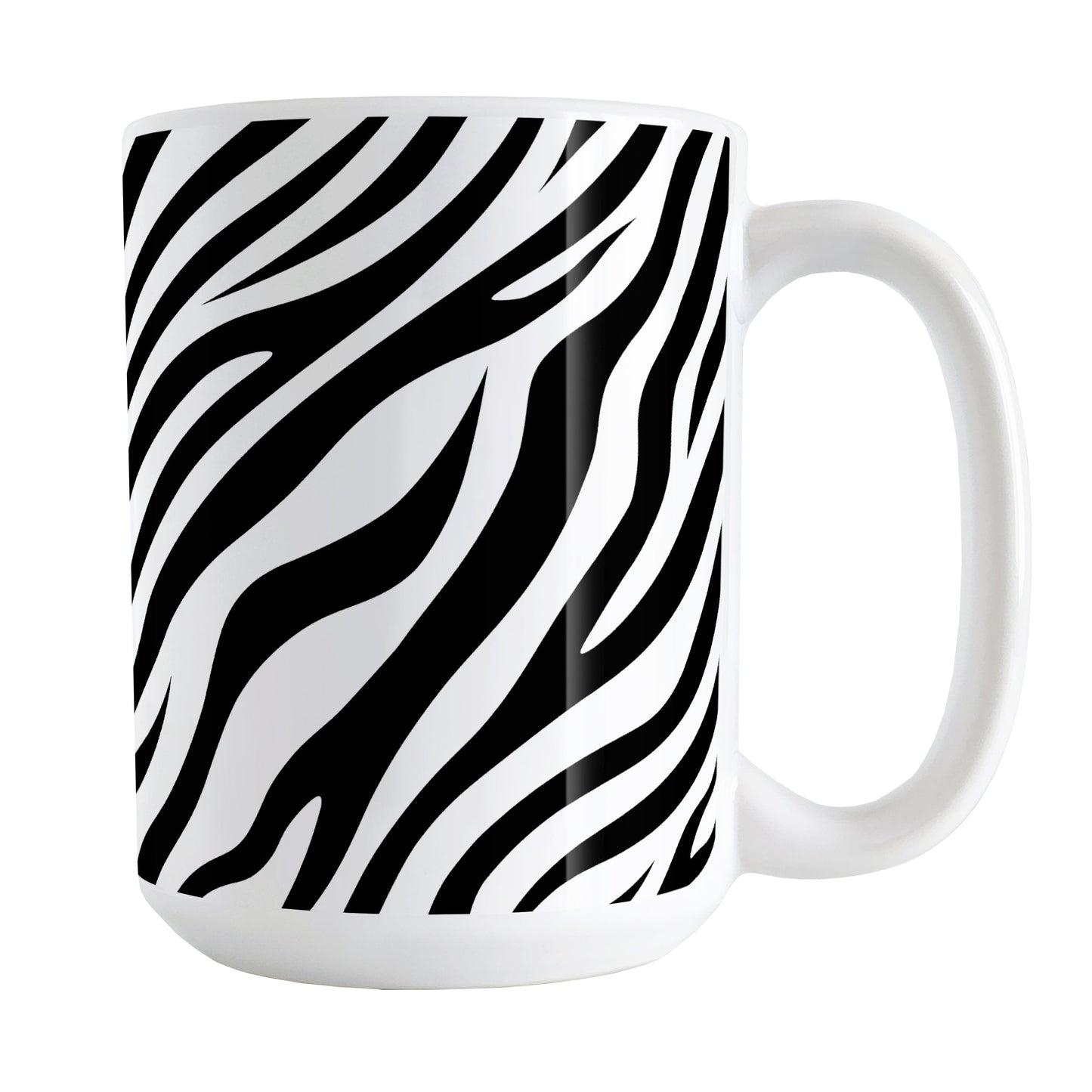 Zebra Print Pattern Mug (15oz) at Amy's Coffee Mugs. A ceramic coffee mug designed with an animal print pattern of black and white zebra stripes that wraps around the mug up to the handle.