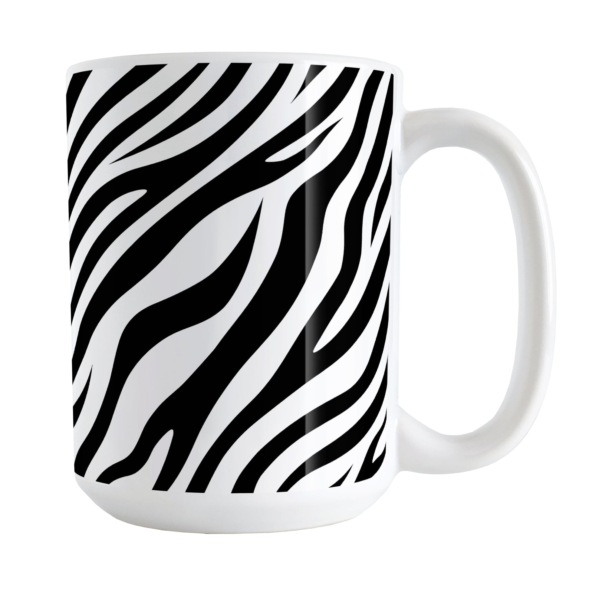 Zebra Print Pattern Mug (15oz) at Amy's Coffee Mugs. A ceramic coffee mug designed with an animal print pattern of black and white zebra stripes that wraps around the mug up to the handle.