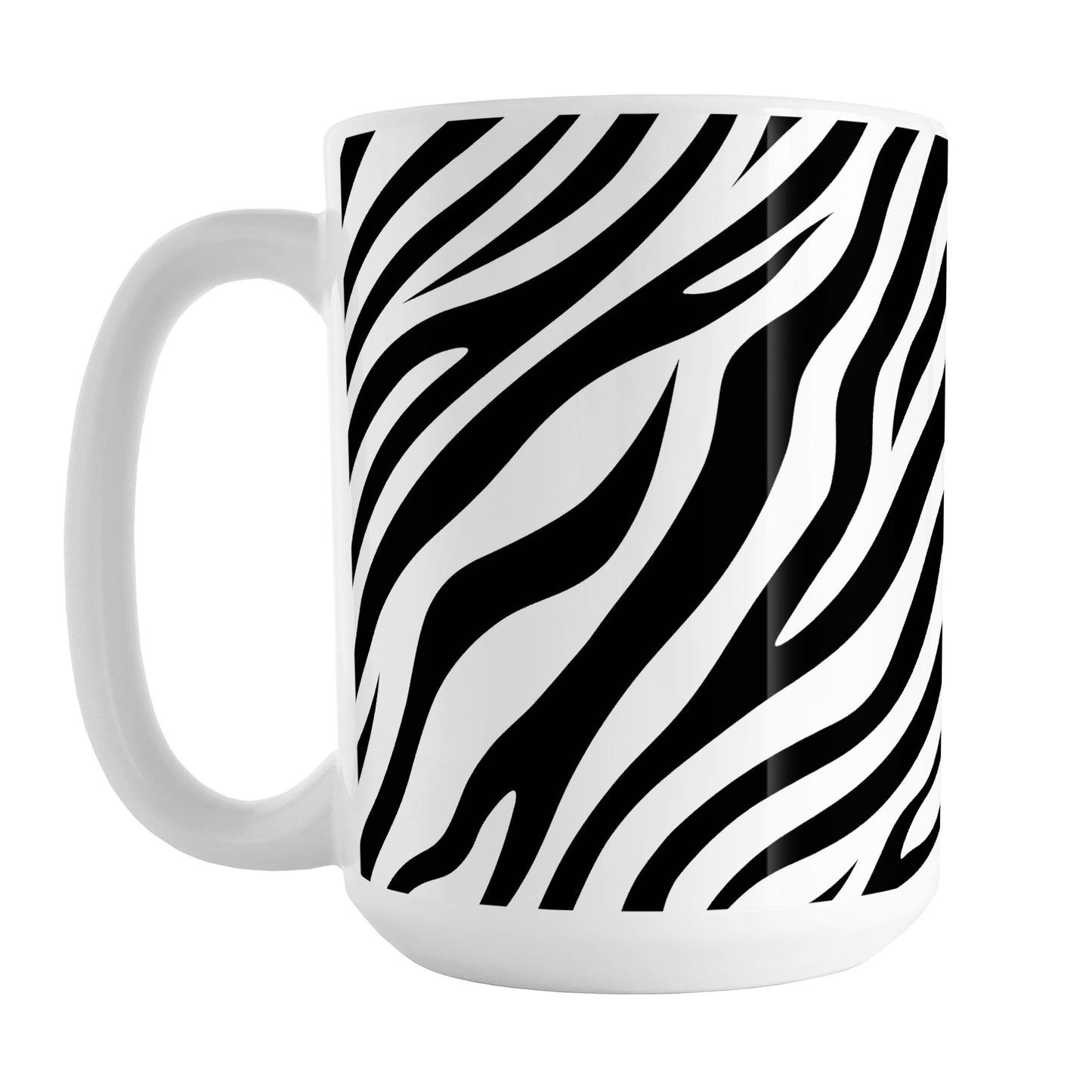 Zebra Print Pattern Mug (15oz) at Amy's Coffee Mugs. A ceramic coffee mug designed with an animal print pattern of black and white zebra stripes that wraps around the mug up to the handle.