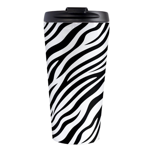 Zebra Print Pattern Travel Mug (15oz, stainless steel insulated) at Amy's Coffee Mugs. A travel mug designed with an animal print pattern of black and white zebra stripes that wraps around the travel mug.