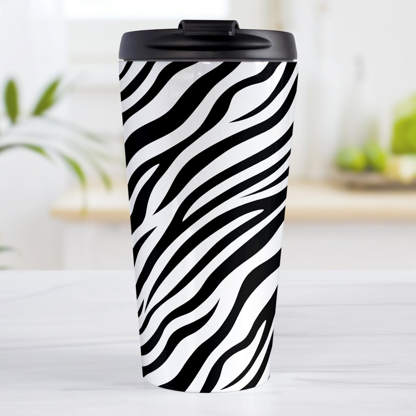 Zebra Print Pattern Travel Mug (15oz, stainless steel insulated) at Amy's Coffee Mugs. A travel mug designed with an animal print pattern of black and white zebra stripes that wraps around the travel mug.