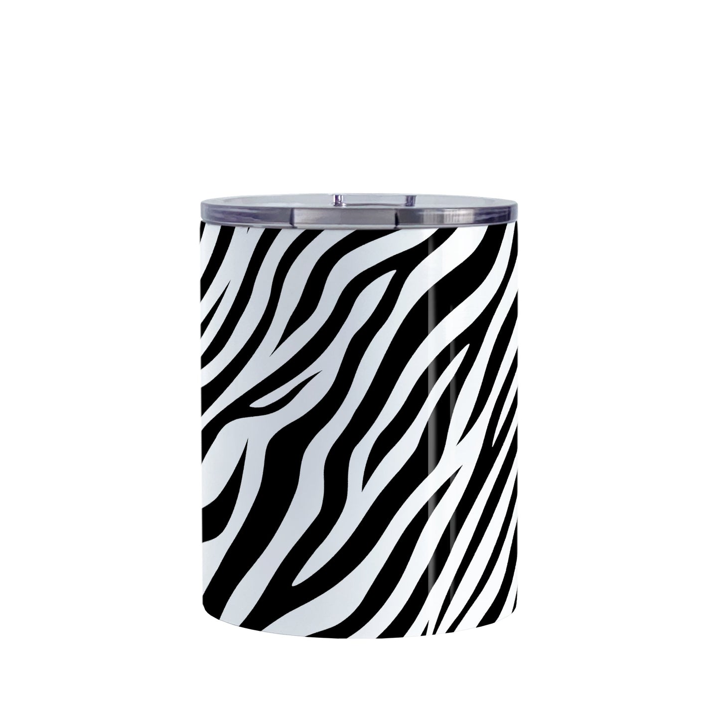 Zebra Print Pattern Tumbler Cup (10oz, stainless steel insulated) at Amy's Coffee Mugs. A stainless steel tumbler cup with an animal print pattern of black and white zebra stripes that wraps around the cup.