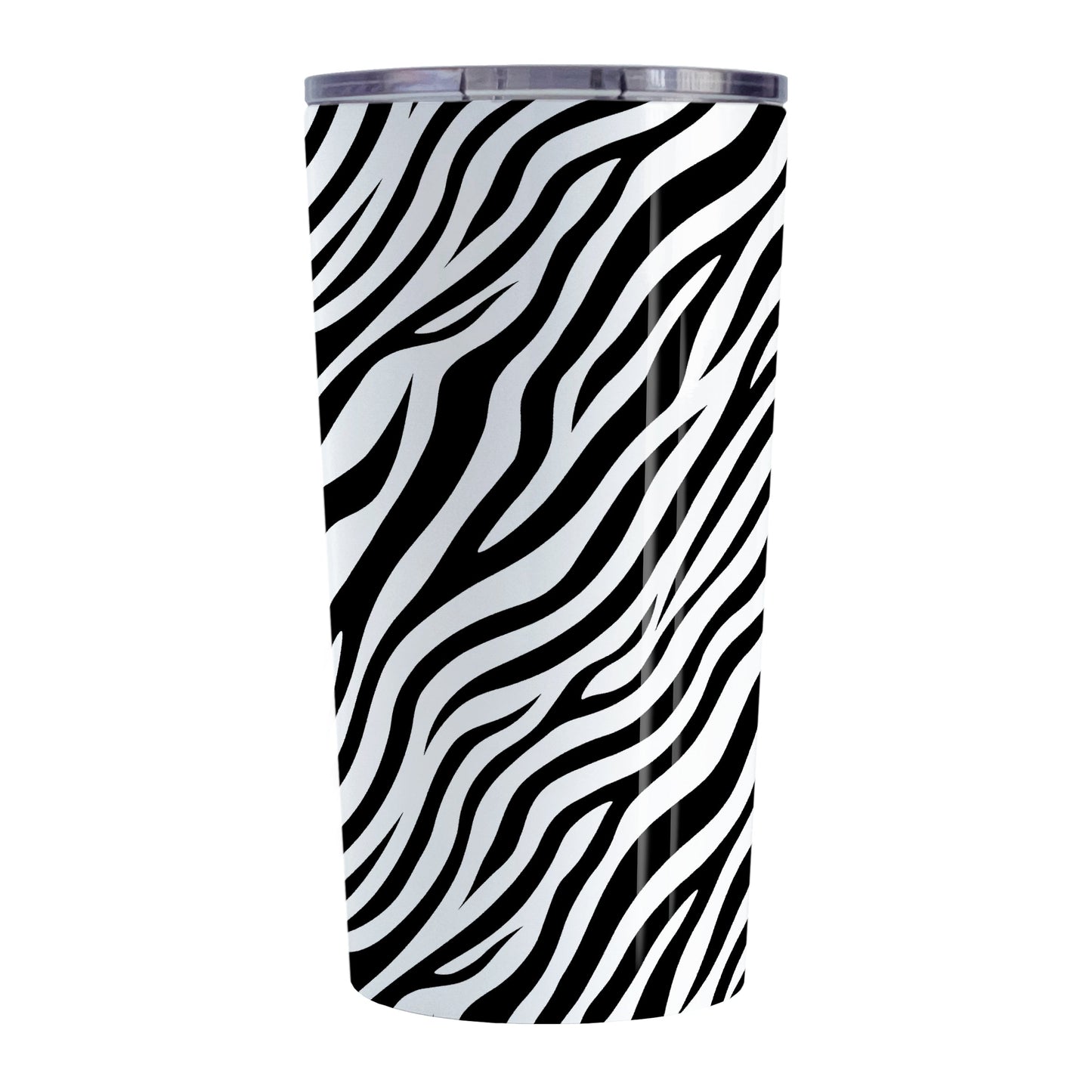 Zebra Print Pattern Tumbler Cup (20oz, stainless steel insulated) at Amy's Coffee Mugs. A stainless steel tumbler cup with an animal print pattern of black and white zebra stripes that wraps around the cup.