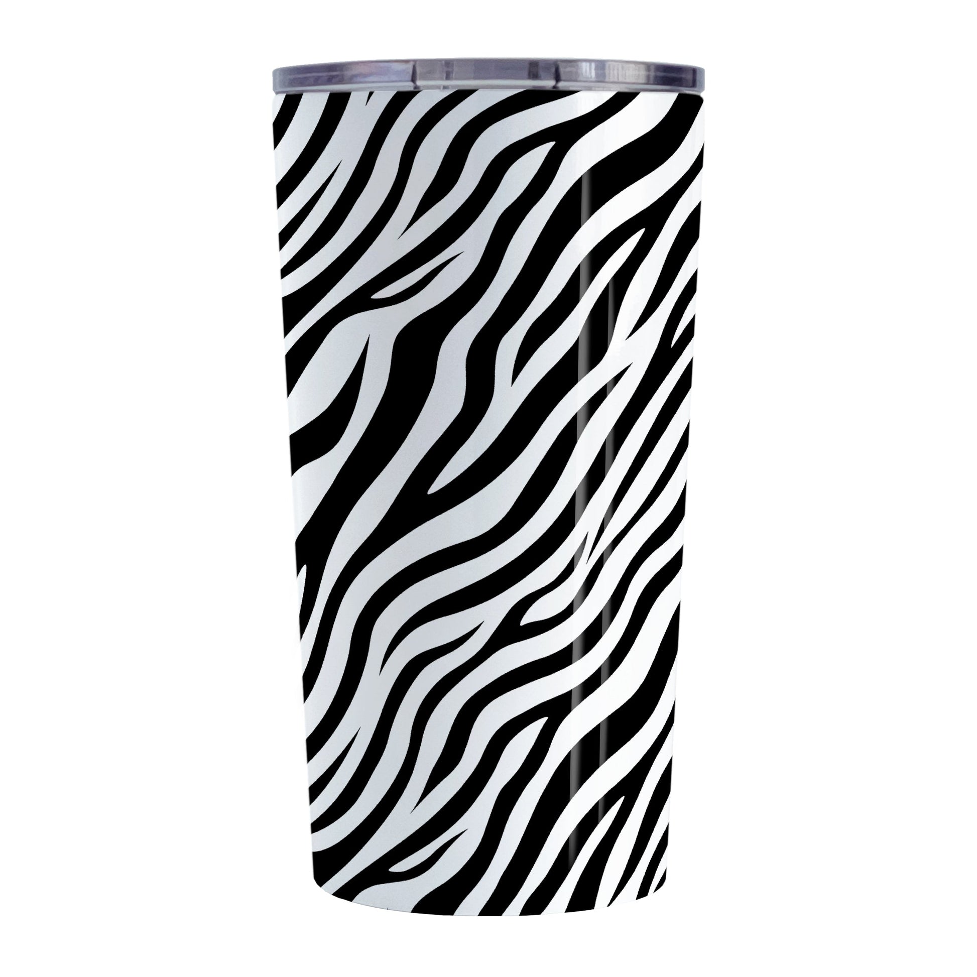 Zebra Print Pattern Tumbler Cup (20oz, stainless steel insulated) at Amy's Coffee Mugs. A stainless steel tumbler cup with an animal print pattern of black and white zebra stripes that wraps around the cup.