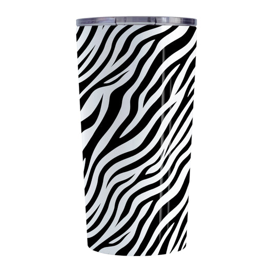 Zebra Print Pattern Tumbler Cup (20oz, stainless steel insulated) at Amy's Coffee Mugs. A stainless steel tumbler cup with an animal print pattern of black and white zebra stripes that wraps around the cup.