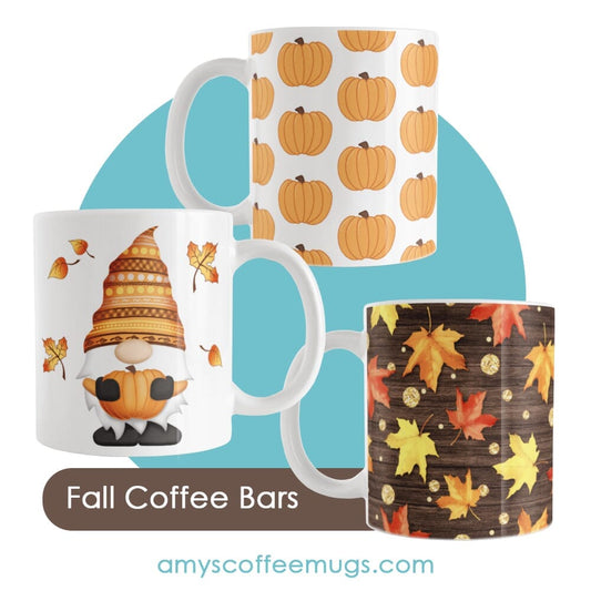 Fall Coffee Bar Ideas: Easy Autumn Decorating with Fall Mugs. Image shows 3 of the example mugs: fall pumpkin gnome, pumpkins pattern, and rustic wood and leaves