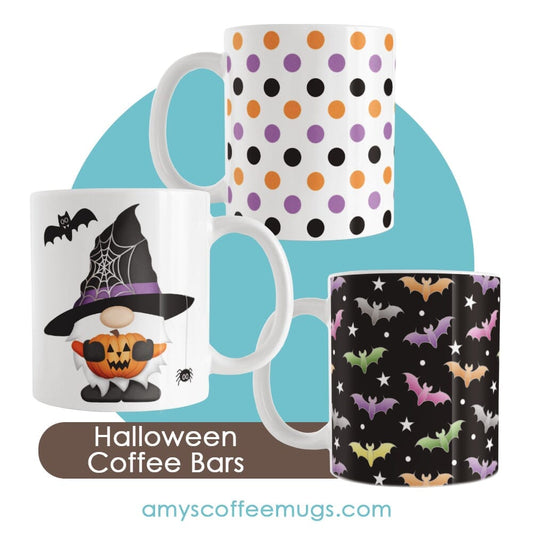 Halloween Coffee Bar Ideas with Spooky Mugs and Easy Kitchen Decor. Image shows 3 of the example mugs: Halloween gnome, Halloween polka dot, and colorful bats on black