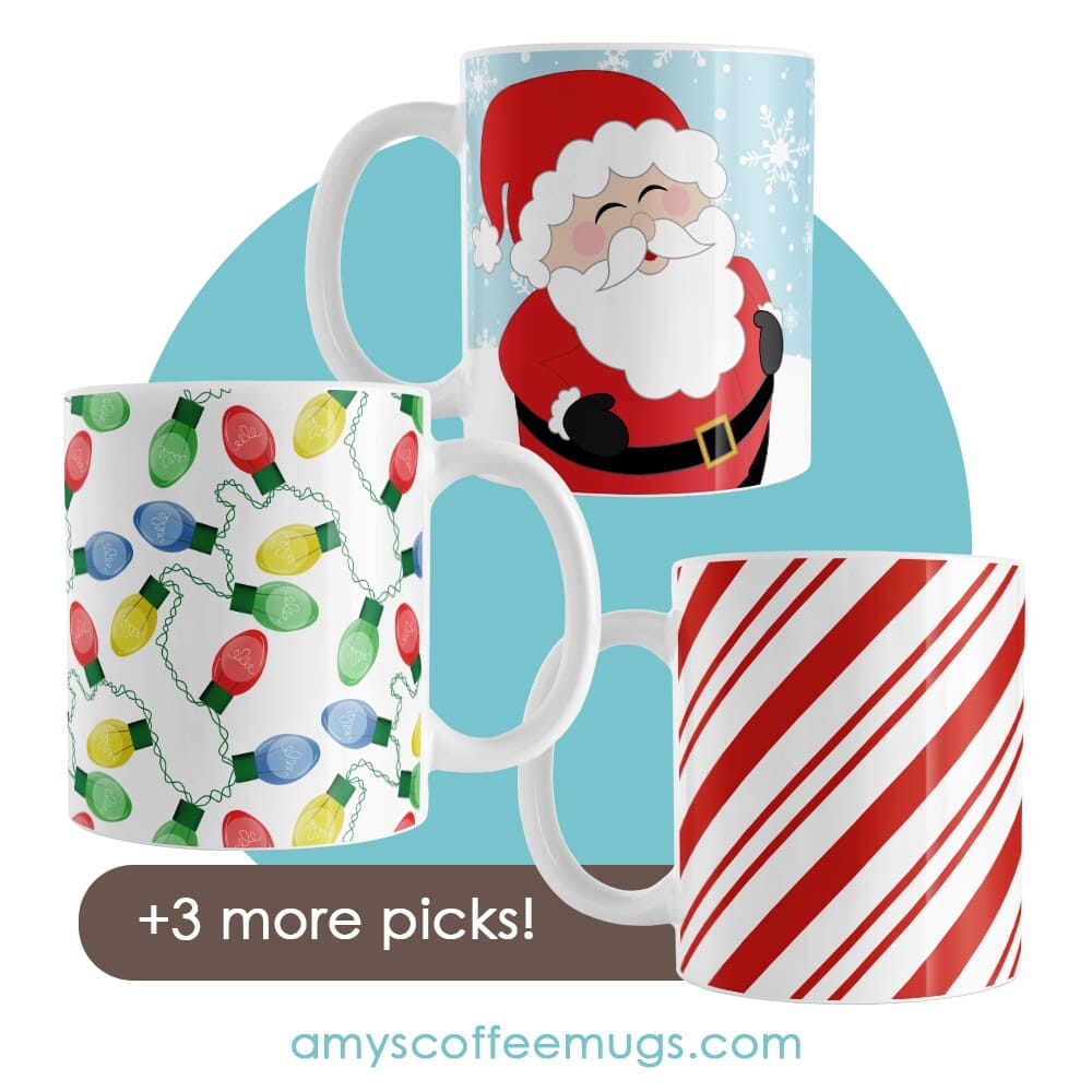 3 mugs with Santa Claus, Christmas lights, and candy cane stripes for the Holiday Mugs That Bring Christmas Cheer to Every Sip blog post at Amy's Coffee Mugs