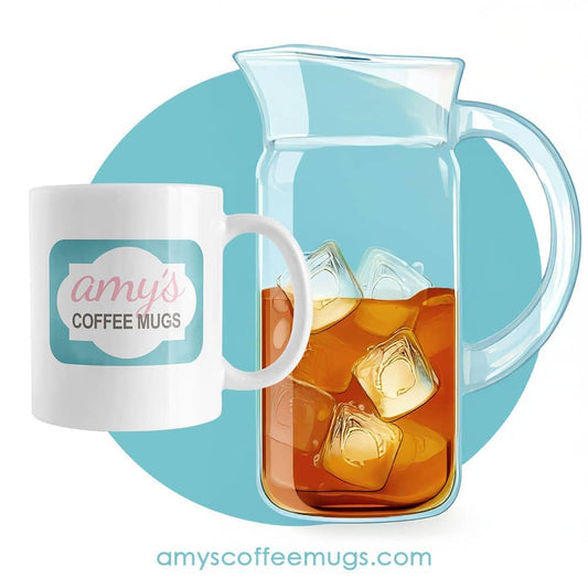 A mug from Amy's Coffee Mugs and a glass pitcher of iced tea for the blog post How to Use Your Mug for Iced Drinks All Summer