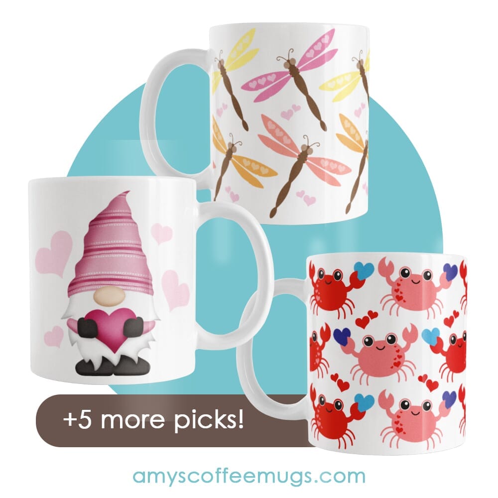 Pink Heart Gnome Mug, Summer Dragonfly Mug, and Cute Red Crabs Mug (plus 5 more picks) for the Love-Worthy Gifts That Last: Why Mugs Make the Perfect Gift for Everyone You Love blog post