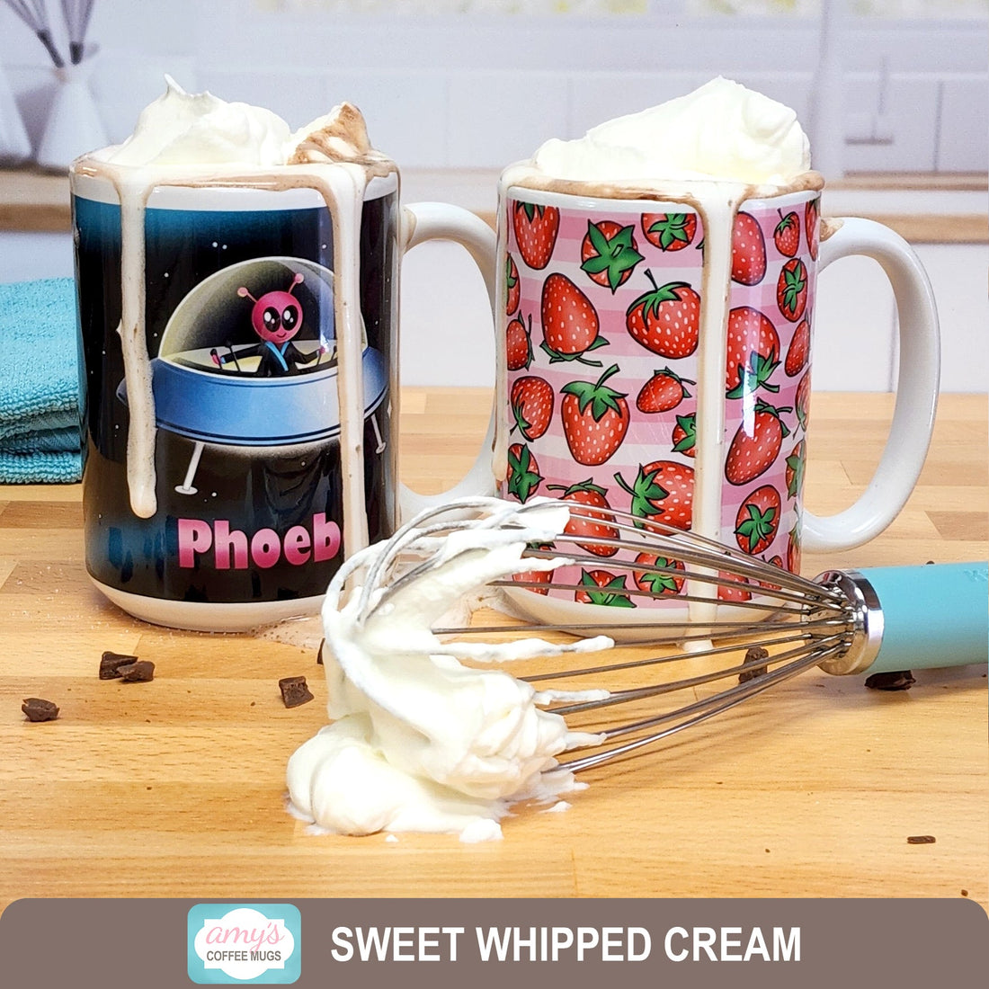 Sweet Whipped Cream in hot chocolate mugs and on whisk on kitchen island - Amy's Coffee Mugs
