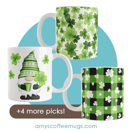 St. Patrick’s Day Mugs: Shamrocks, Clovers + Cute Gnomes blog post at Amy's Coffee Mugs
