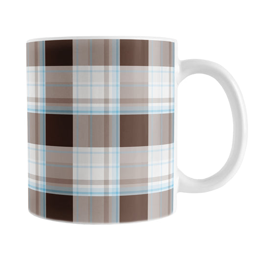11 oz brown blue plaid mug with dark brown, light brown, white, and soft blue layered plaid pattern.