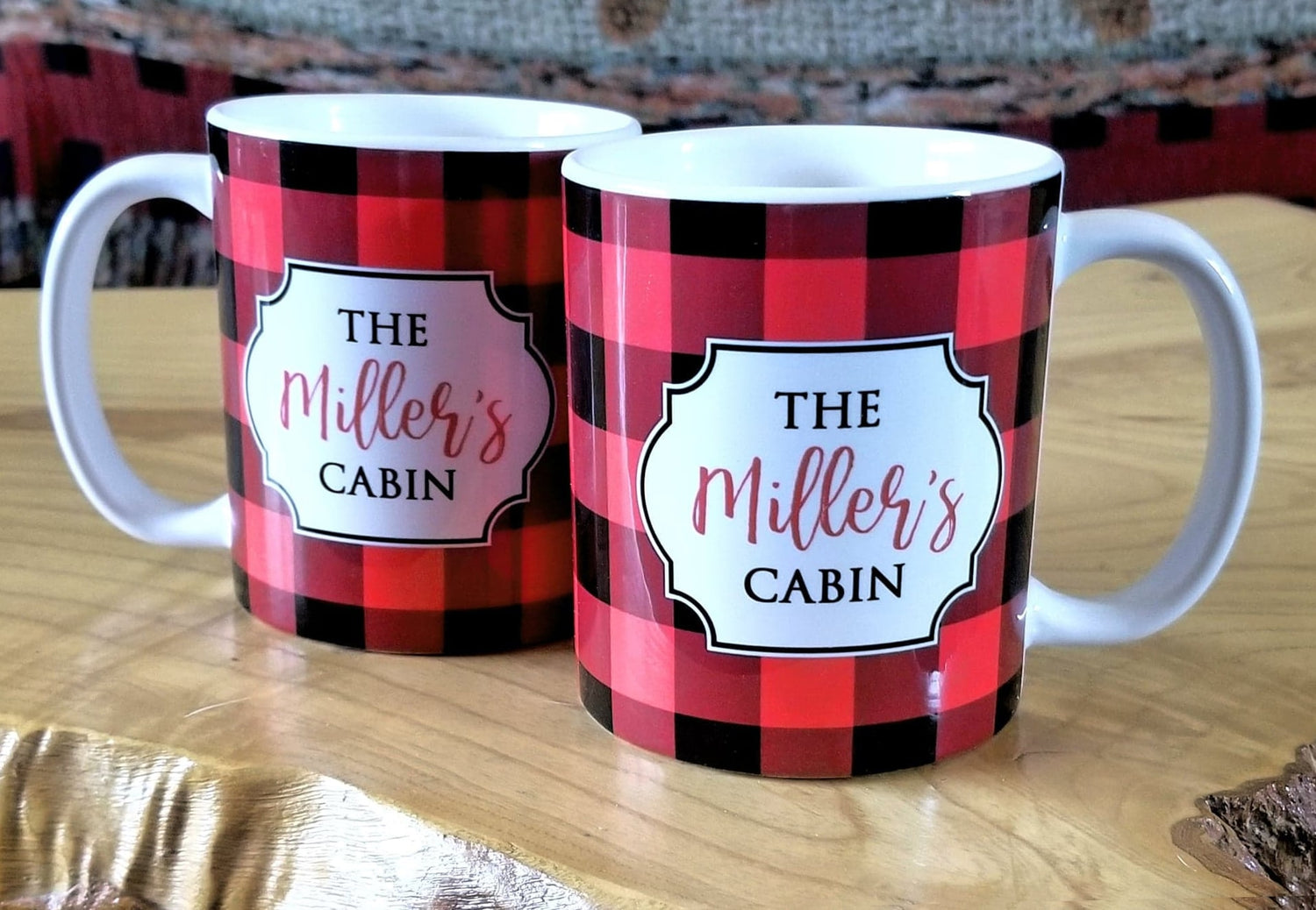 Personalized mugs at Amy's Coffee Mugs | Red and Black Buffalo Plaid Cabin Mugs