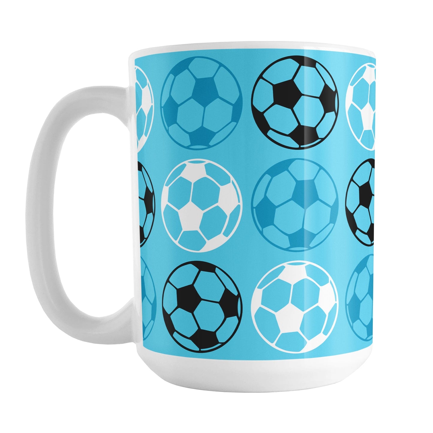 A 15oz white mug with a blue soccer pattern, over a white background