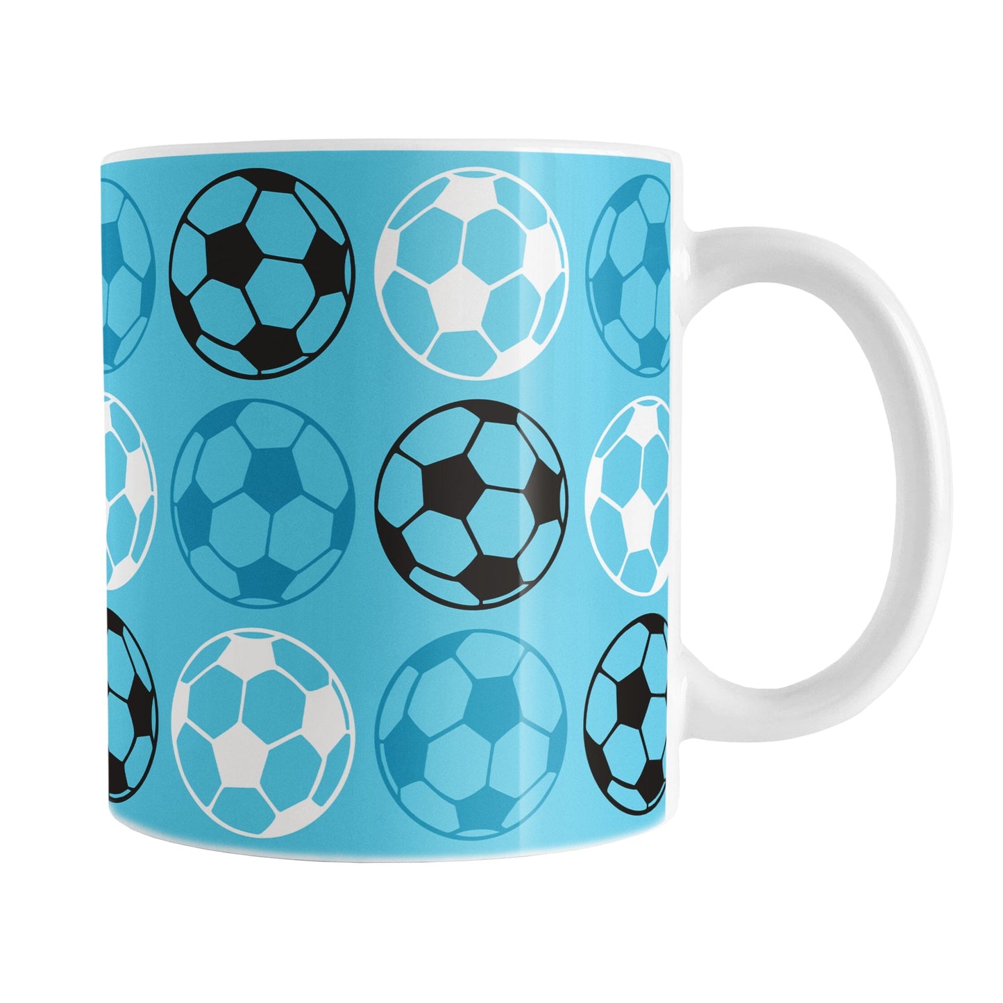 An 11oz white mug with a blue soccer pattern, over a white background