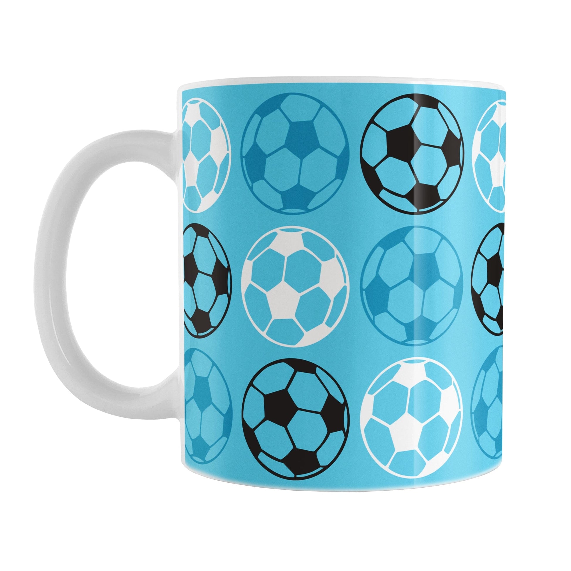 An 11oz white mug with a blue soccer pattern, over a white background