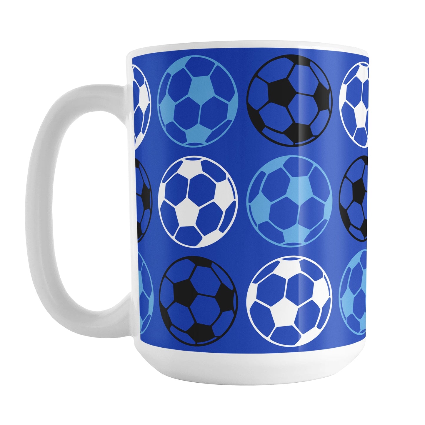 Alternating Dark Blue Soccer Balls Mug at Amy's Coffee Mugs