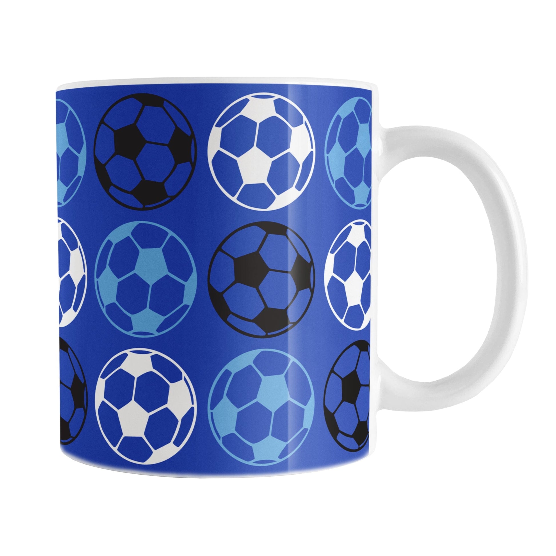 Alternating Dark Blue Soccer Balls Mug at Amy's Coffee Mugs
