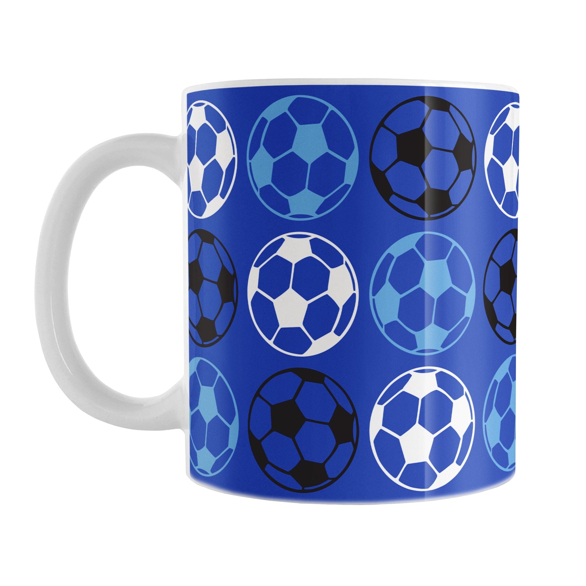 Alternating Dark Blue Soccer Balls Mug at Amy's Coffee Mugs