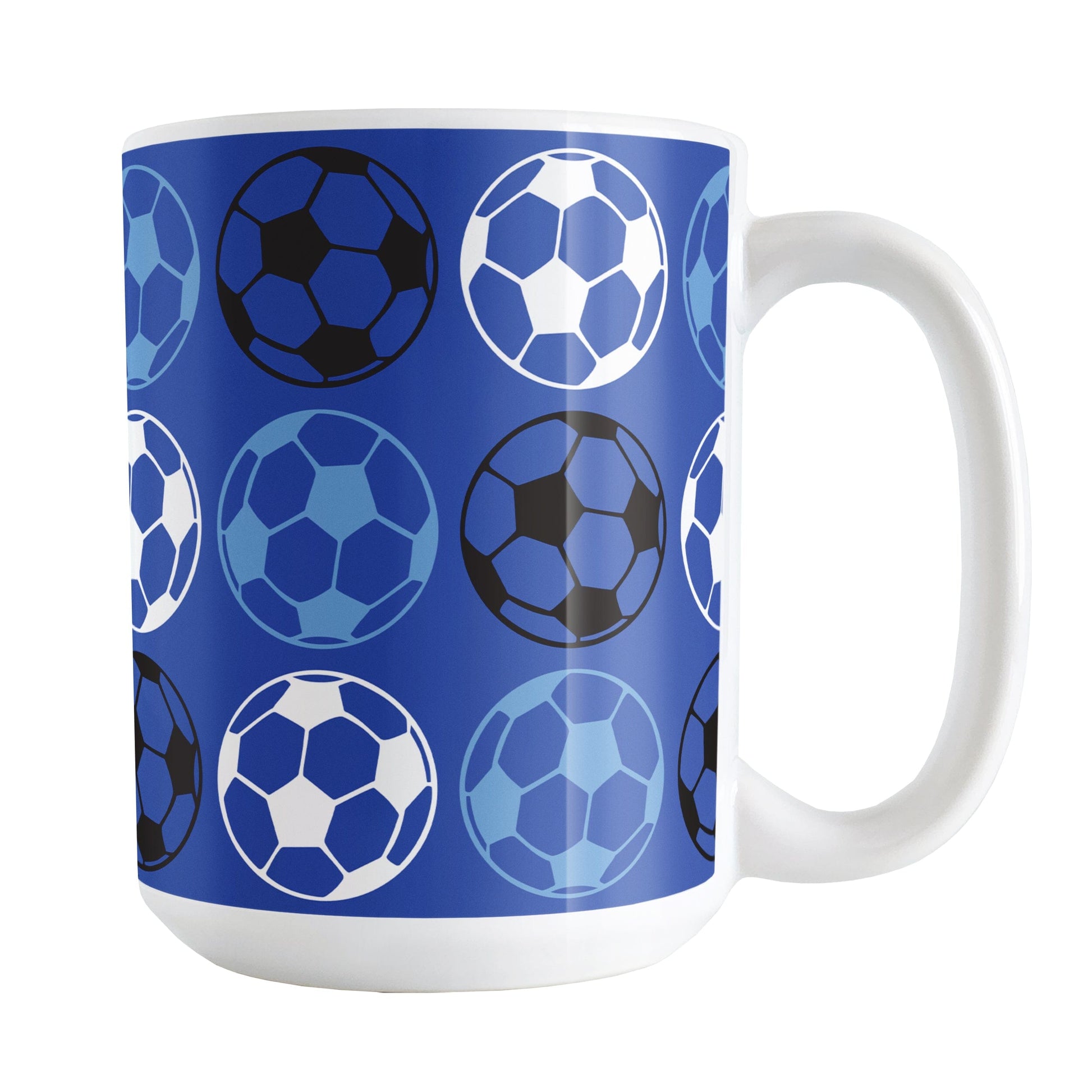 Alternating Dark Blue Soccer Balls Mug at Amy's Coffee Mugs