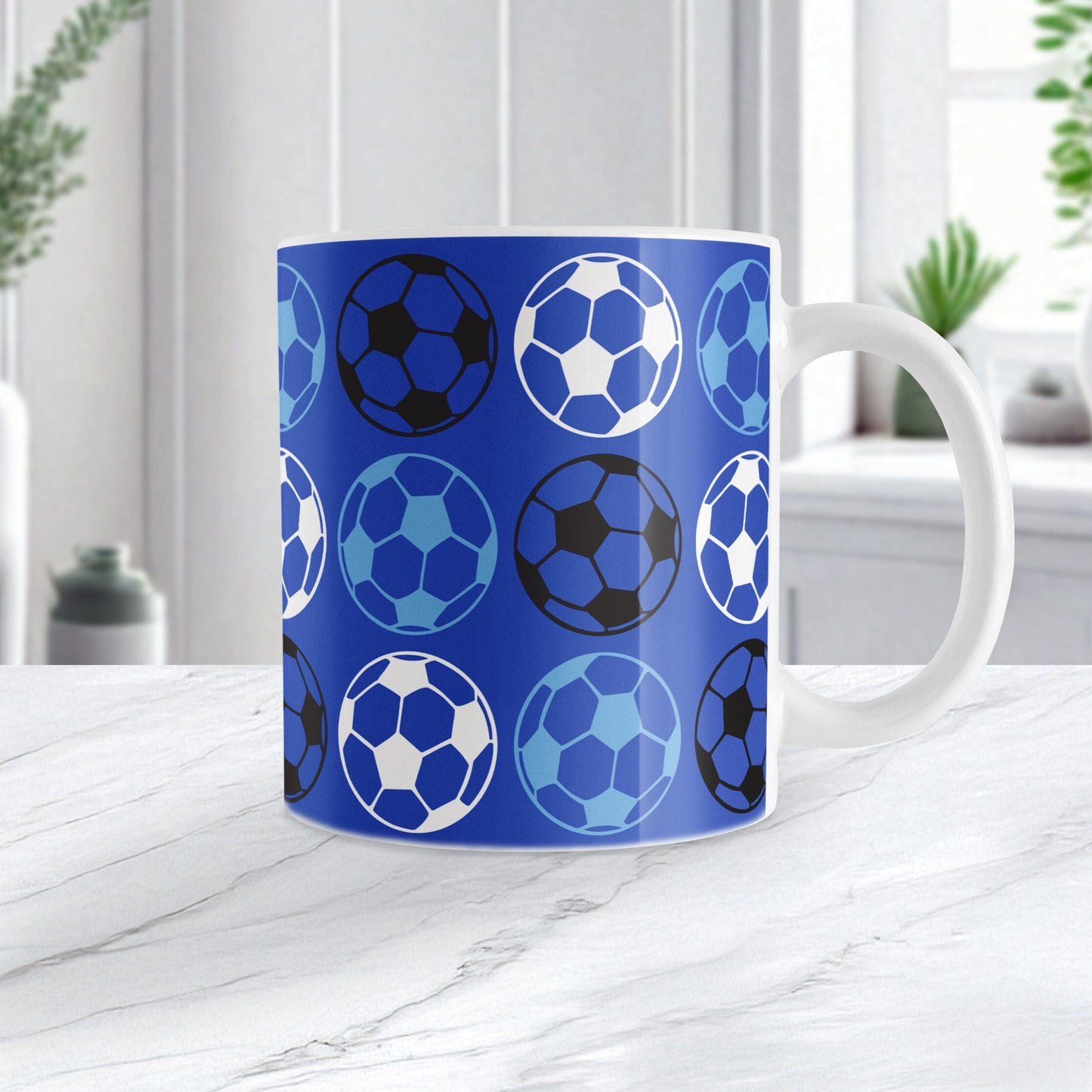 Alternating Dark Blue Soccer Balls Mug at Amy's Coffee Mugs