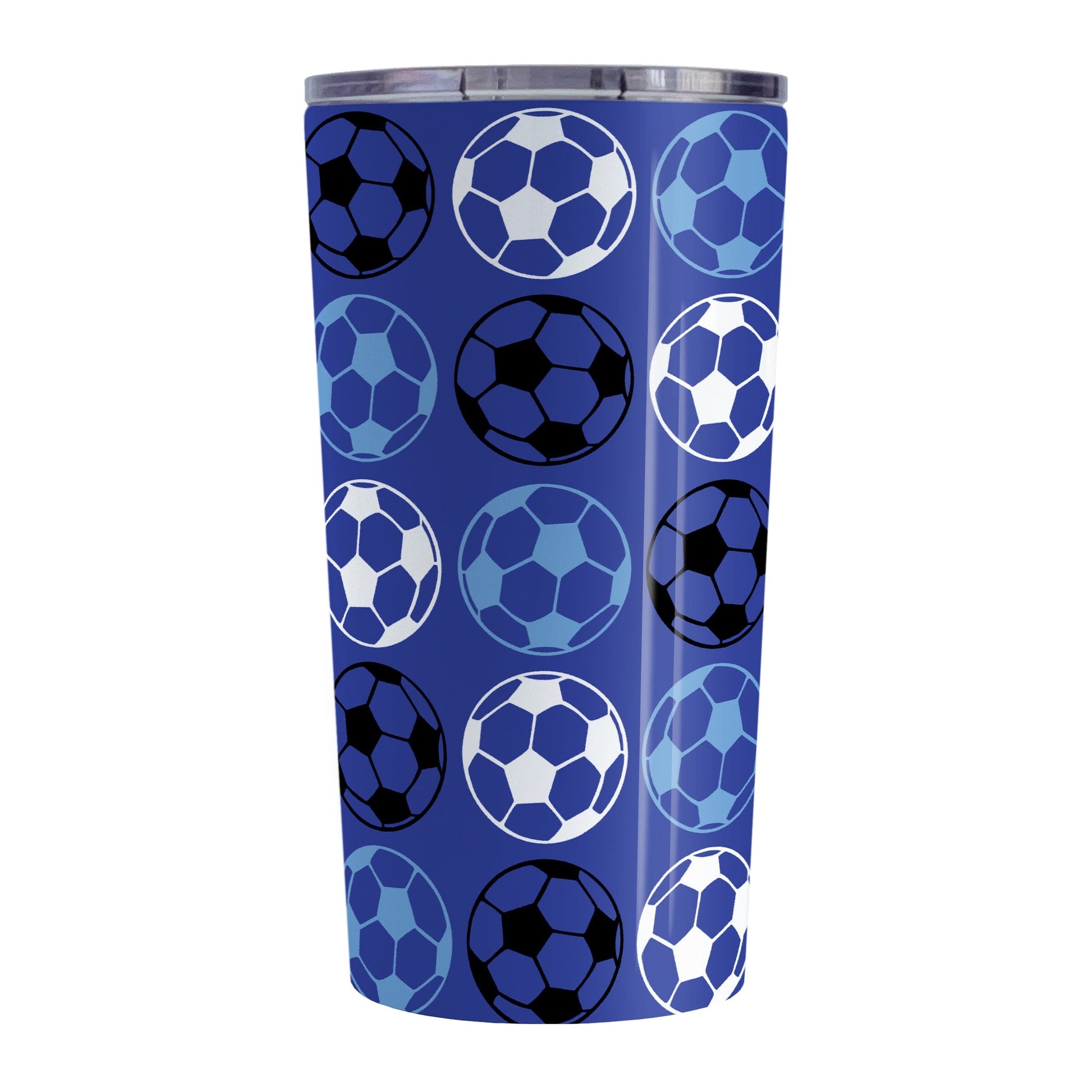 20oz Alternating Dark Blue Soccer Balls Tumbler Cup at Amy's Coffee Mugs