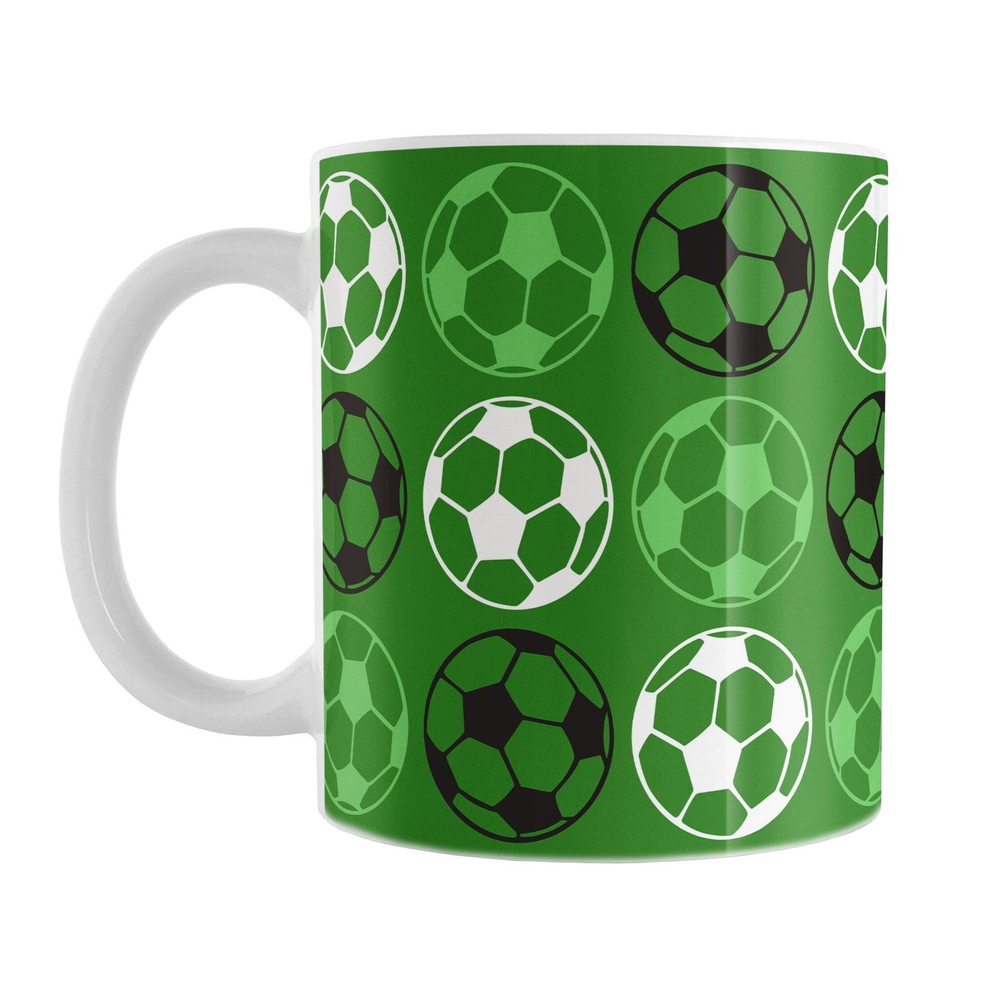 Alternating Dark Green Soccer Balls Mug at Amy's Coffee Mugs