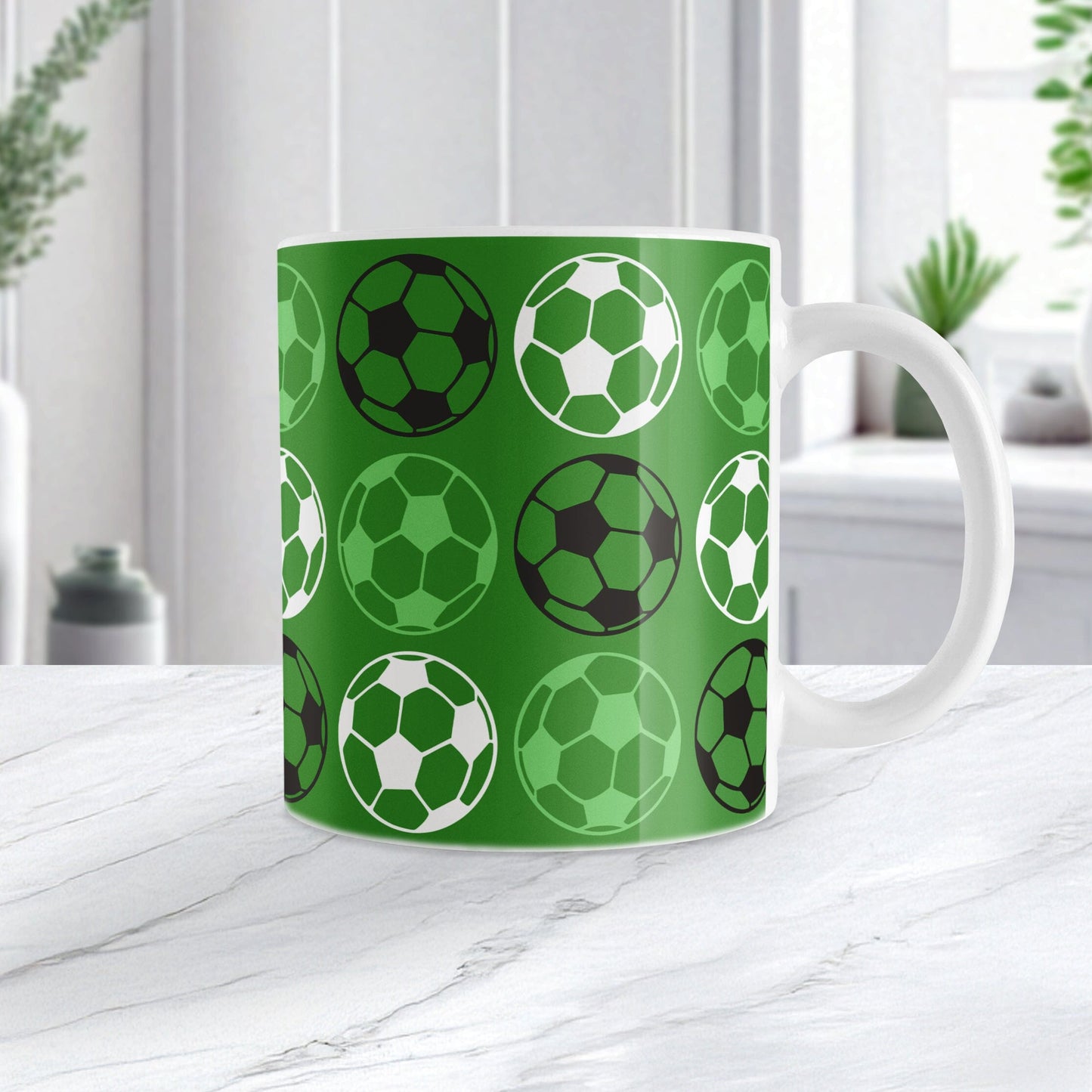Alternating Dark Green Soccer Balls Mug at Amy's Coffee Mugs