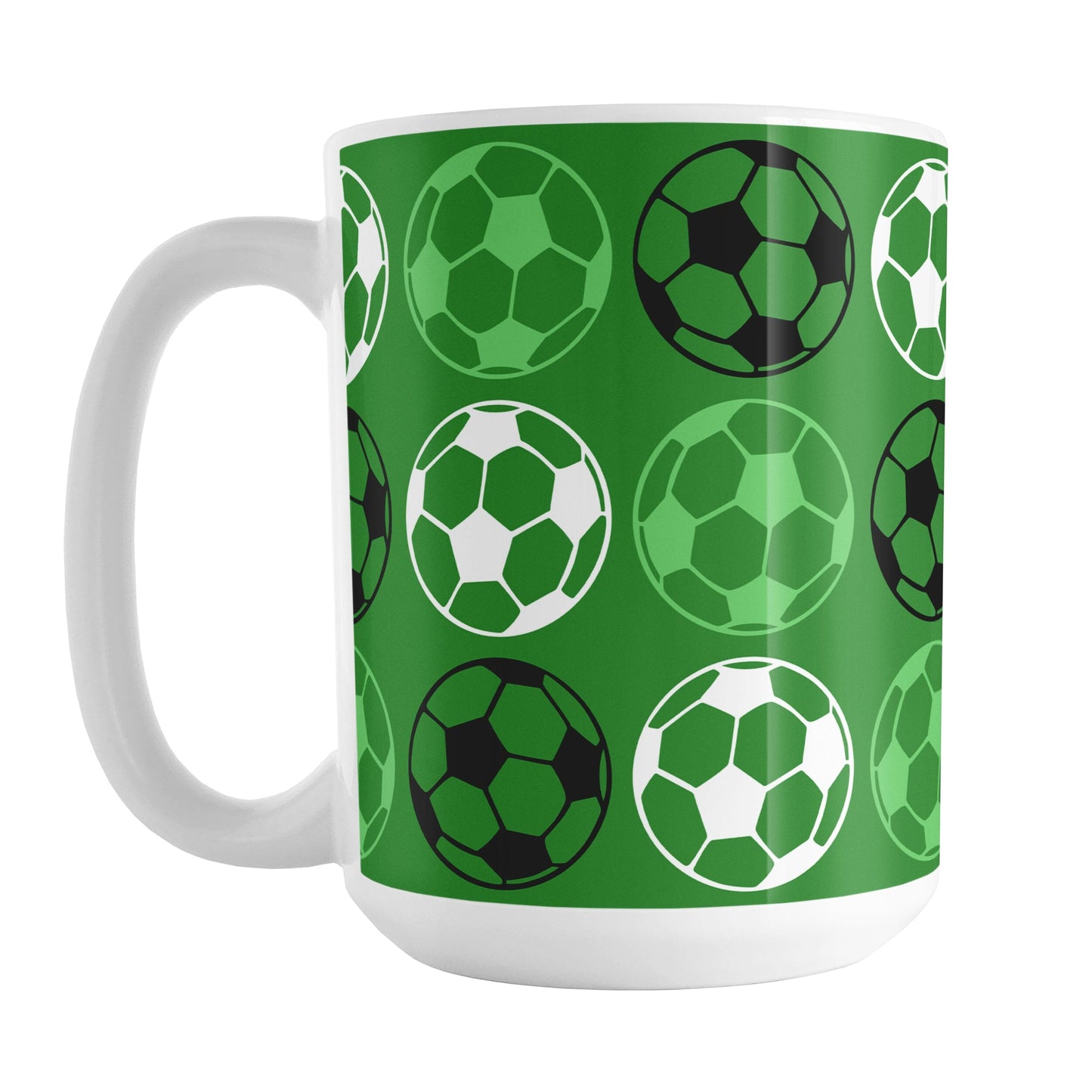 Alternating Dark Green Soccer Balls Mug at Amy's Coffee Mugs
