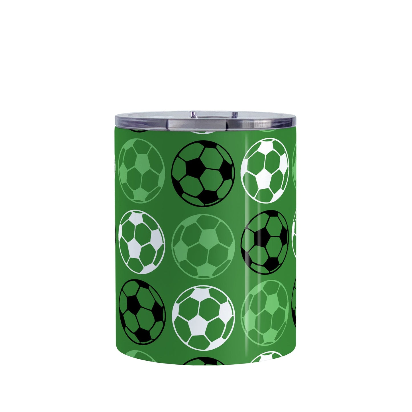10oz Alternating Dark Green Soccer Balls Tumbler Cup at Amy's Coffee Mugs
